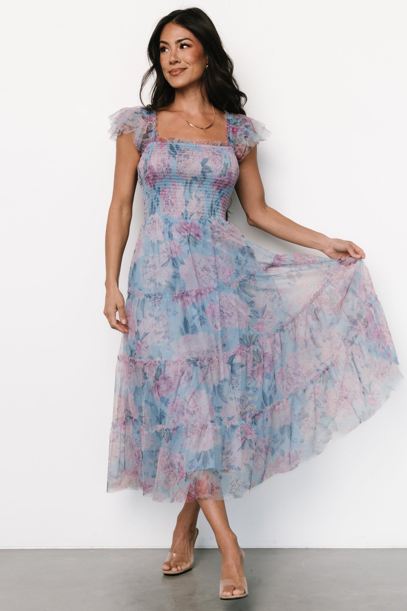 Clementine Tulle Midi Dress | Light Blue + Pink Where To Buy