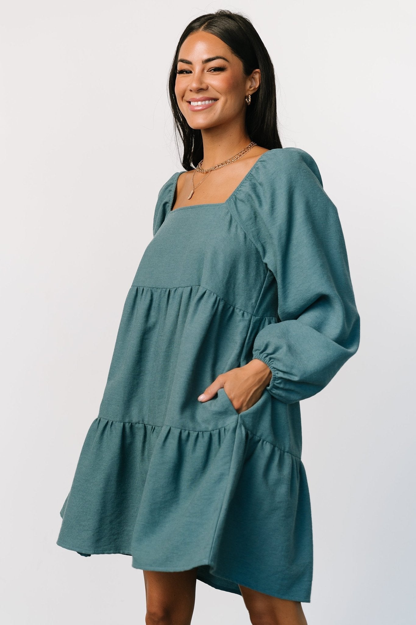 Selena Tiered Mini Dress | Vintage Teal Free Shipping Manchester