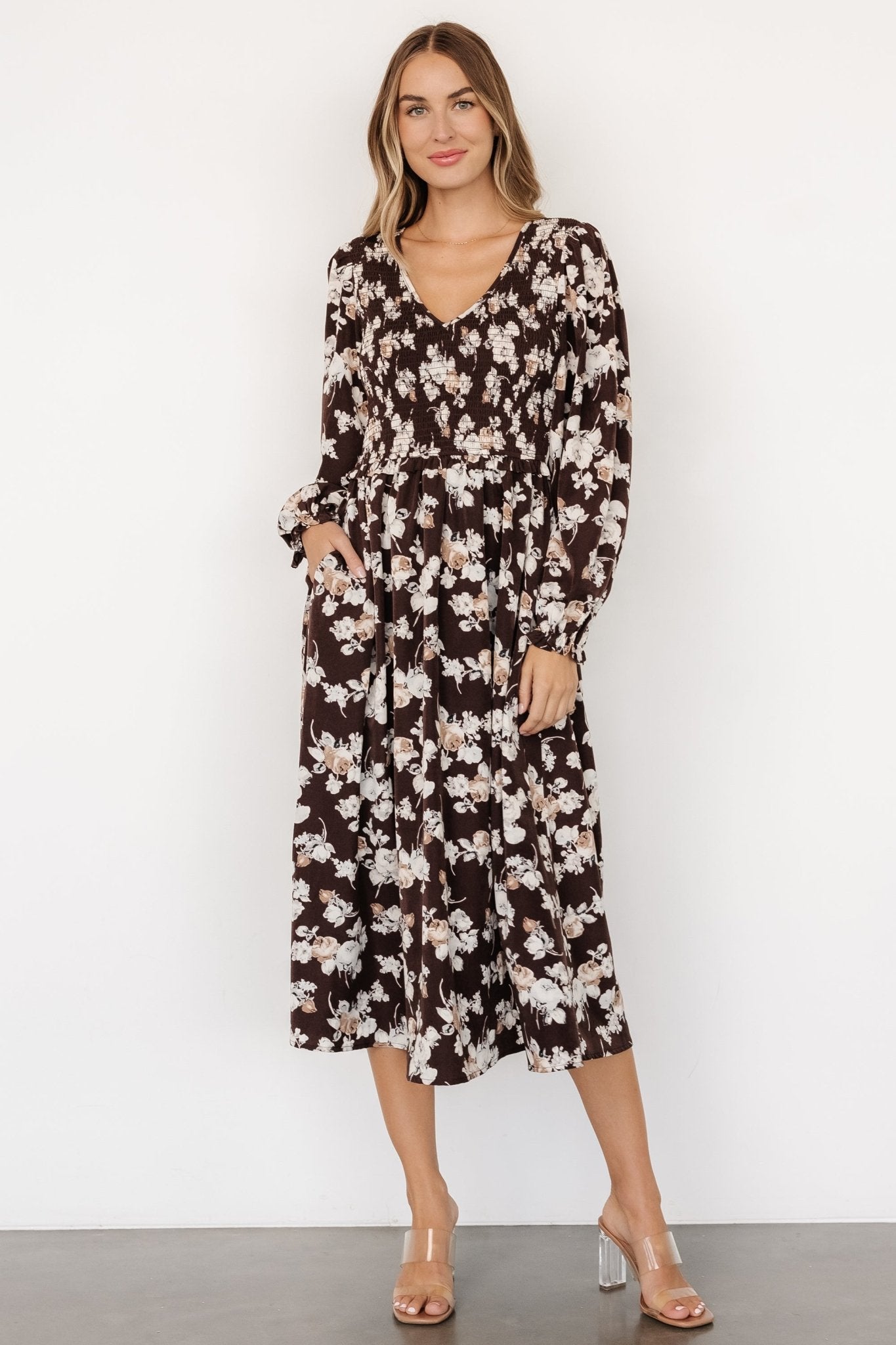 Matilda Smocked Midi Dress | Brown Floral Latest Collections Cheap Pice