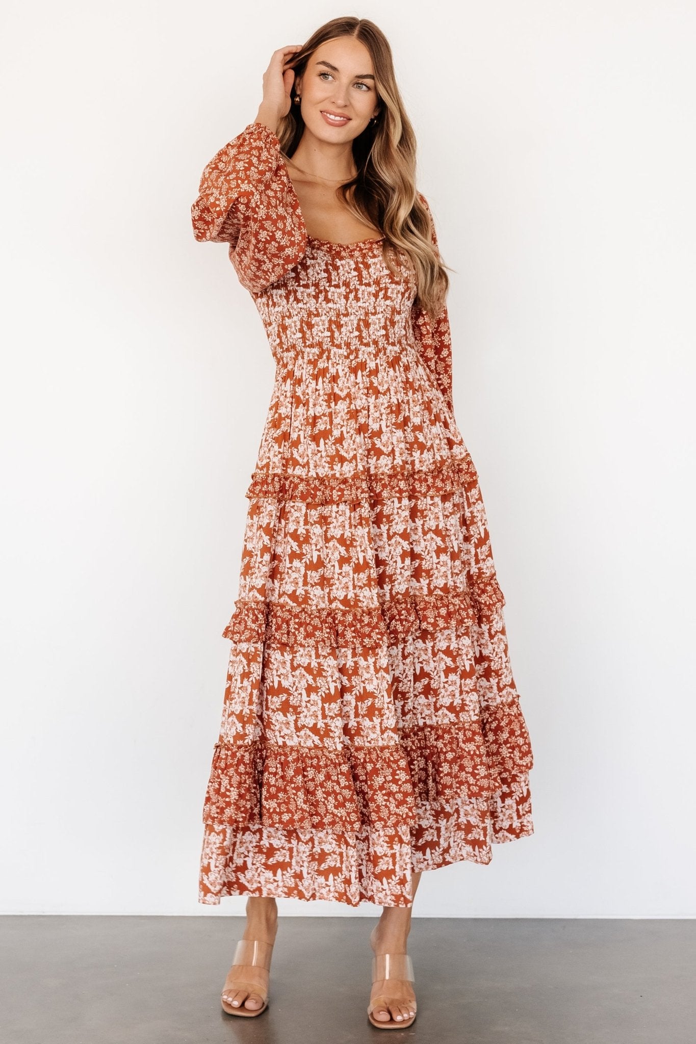 Dynah Tiered Dress | Rust +Cream Floral Pay With Visa For Sale