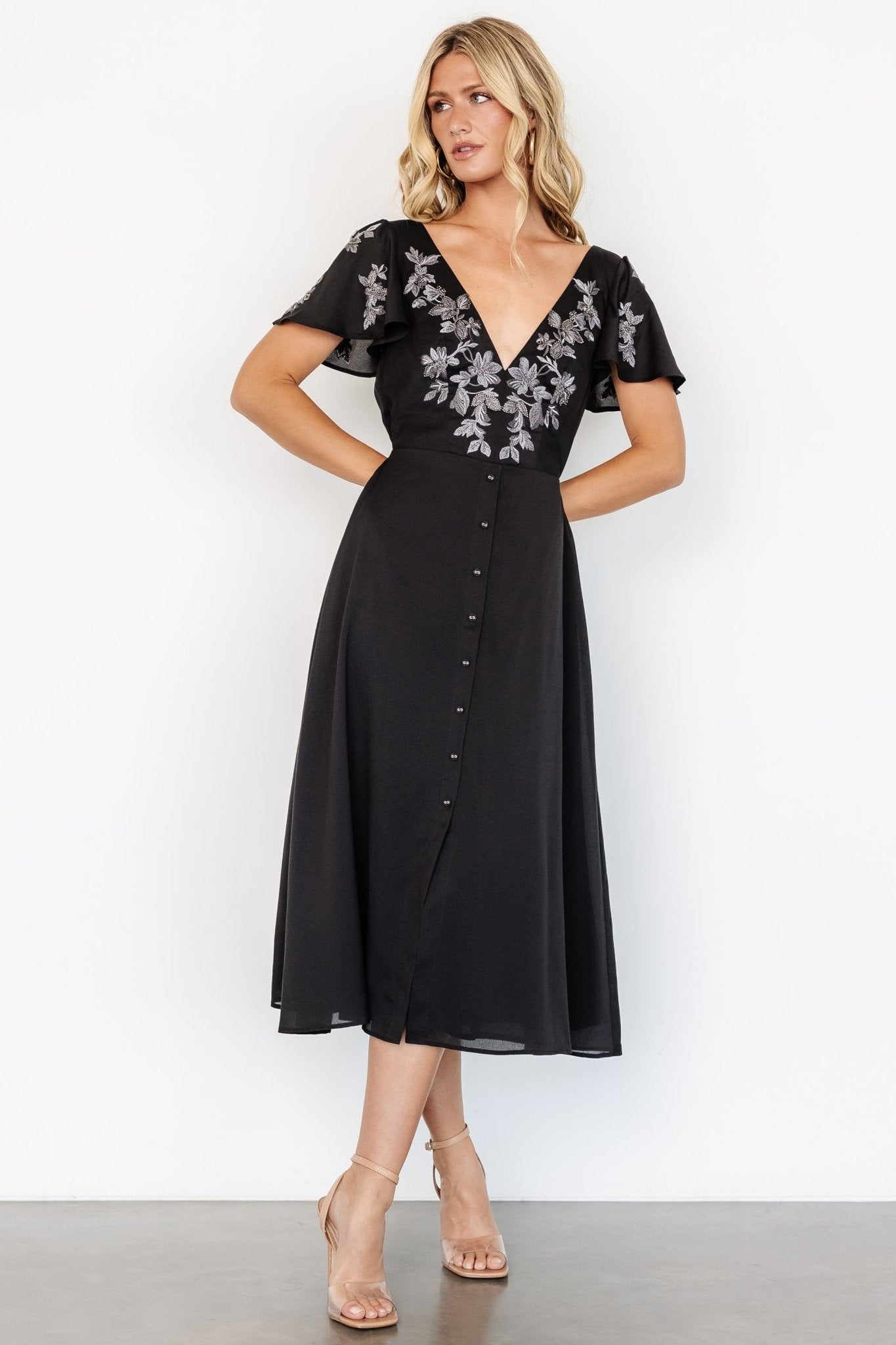 Swan Bead Embroidered Midi Dress | Black Clearance Amazon