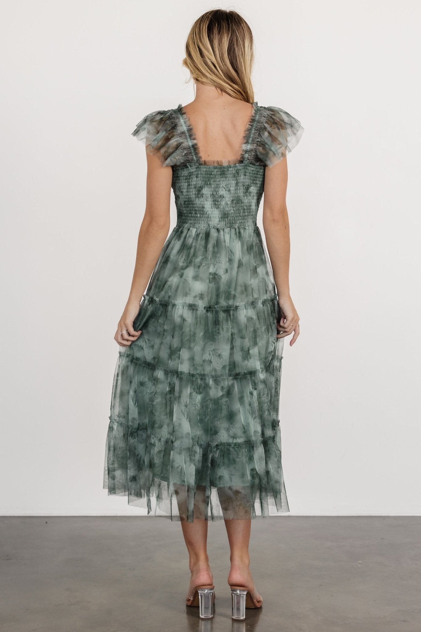 Clementine Tulle Midi Dress | Dusty Green Print Cheap Pice Wholesale Pice