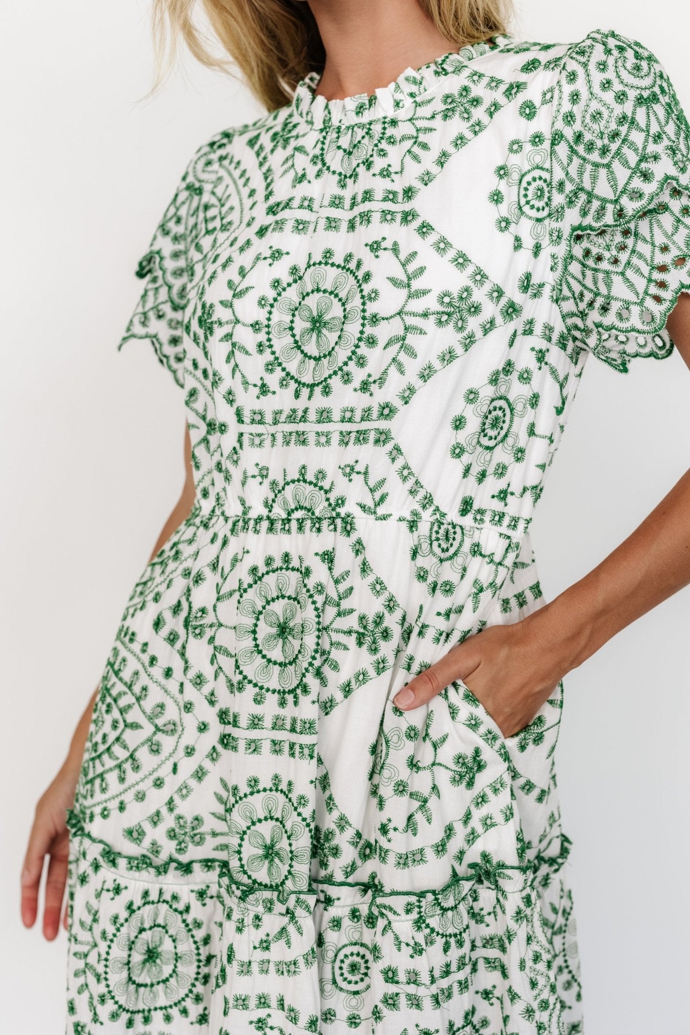 Mirabel Eyelet Midi Dress | White + Green Purchase Cheap Pice