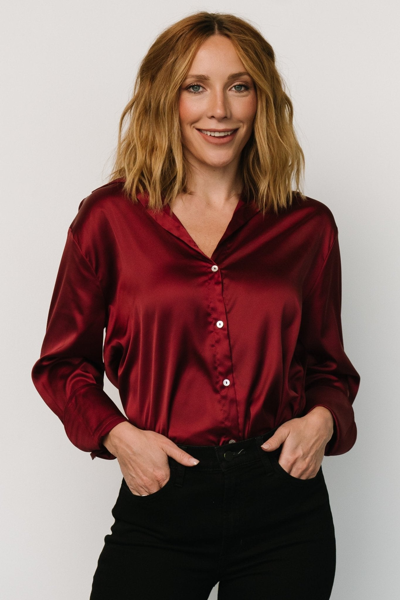 Kacey Satin Button Up Top | Burgundy Clearance Official Site