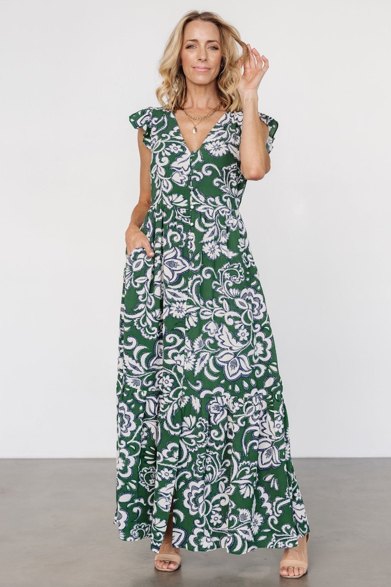 Kaia Button Maxi Dress | Green Print Cheap Sale Footaction