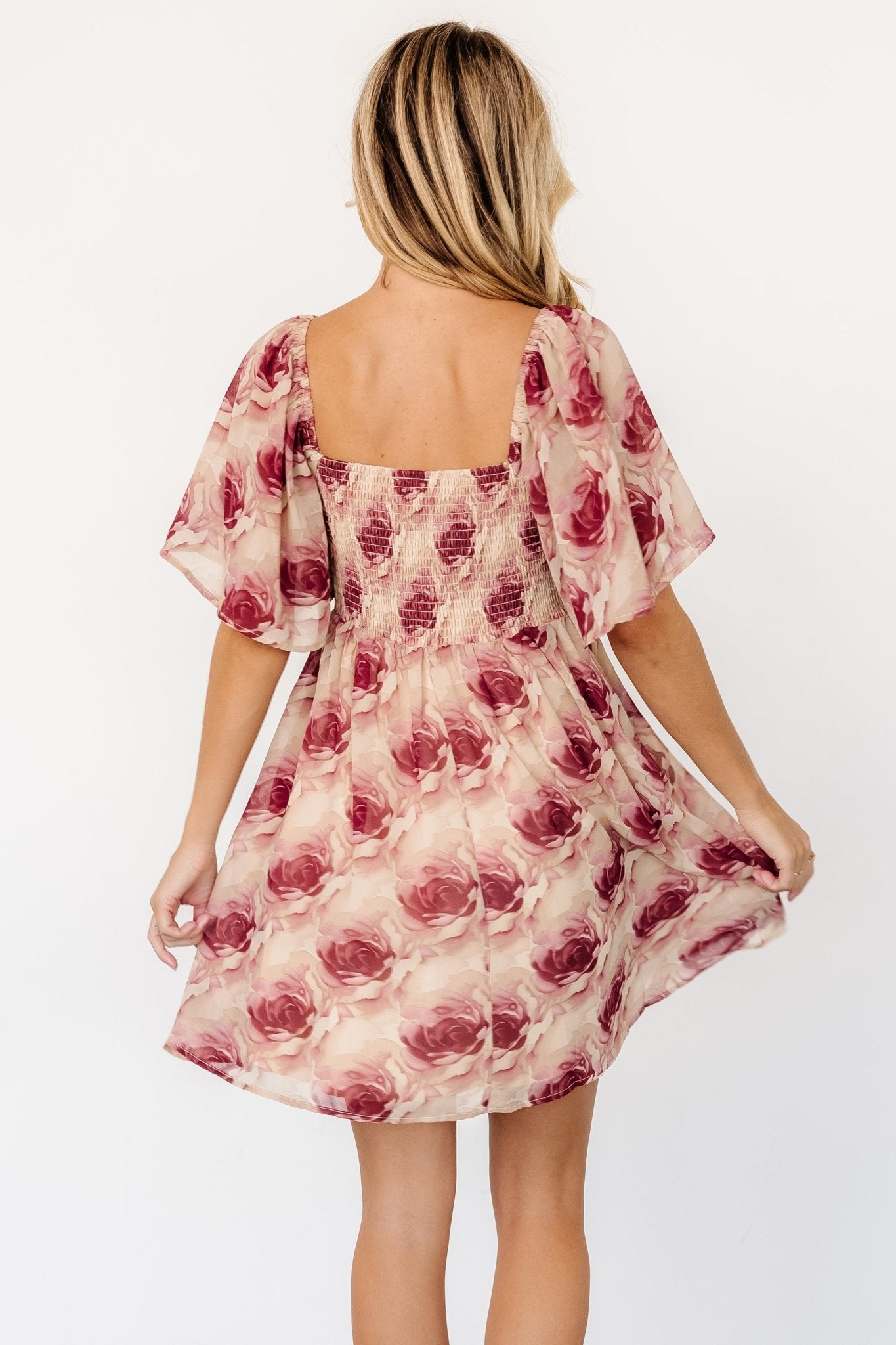 Jaycee Pleated Short Dress | Cream + Burgundy Floral Cheap Pice From China