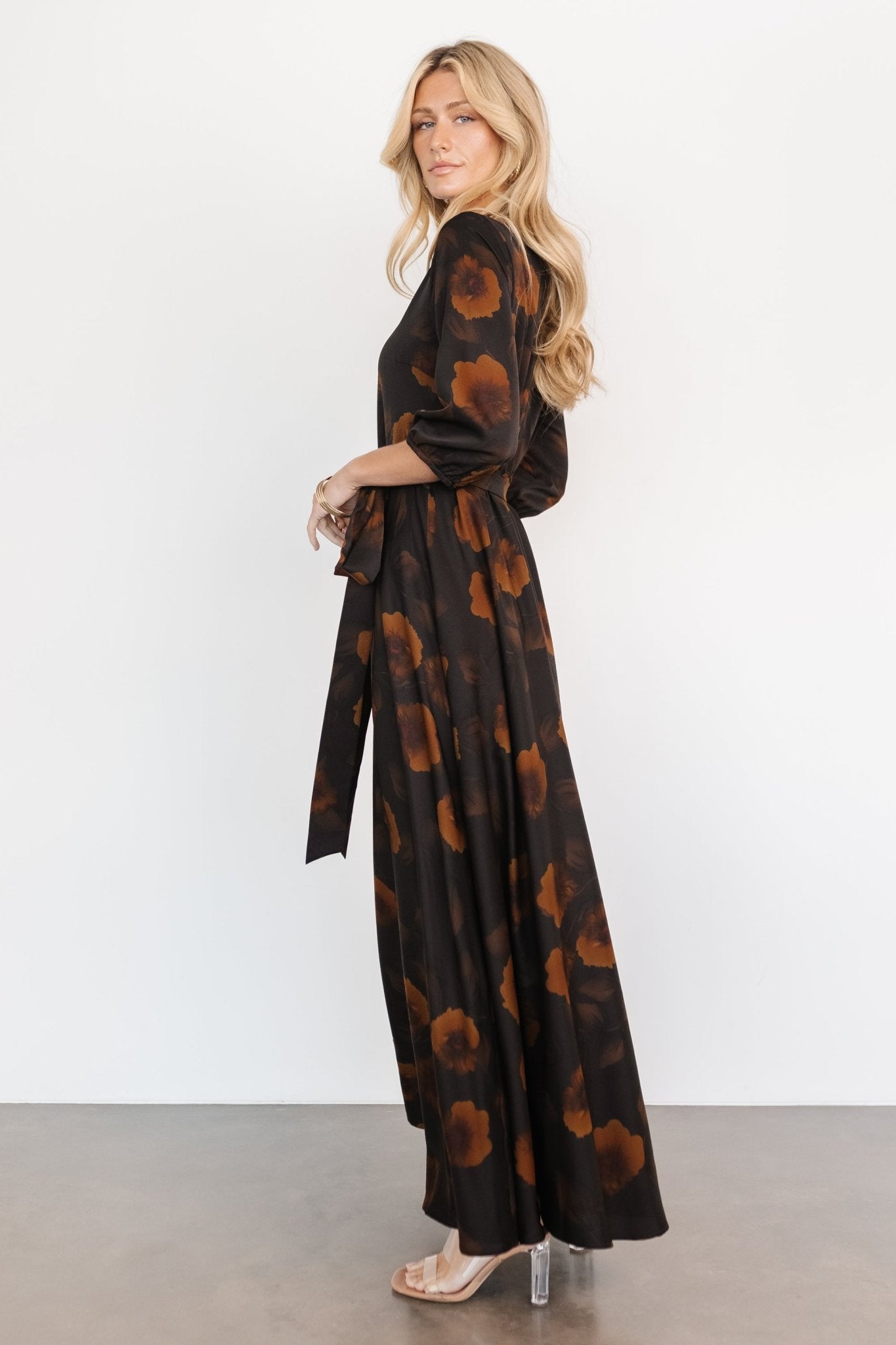 Paula Satin Maxi Dress | Deep Brown Floral Get Authentic For Sale