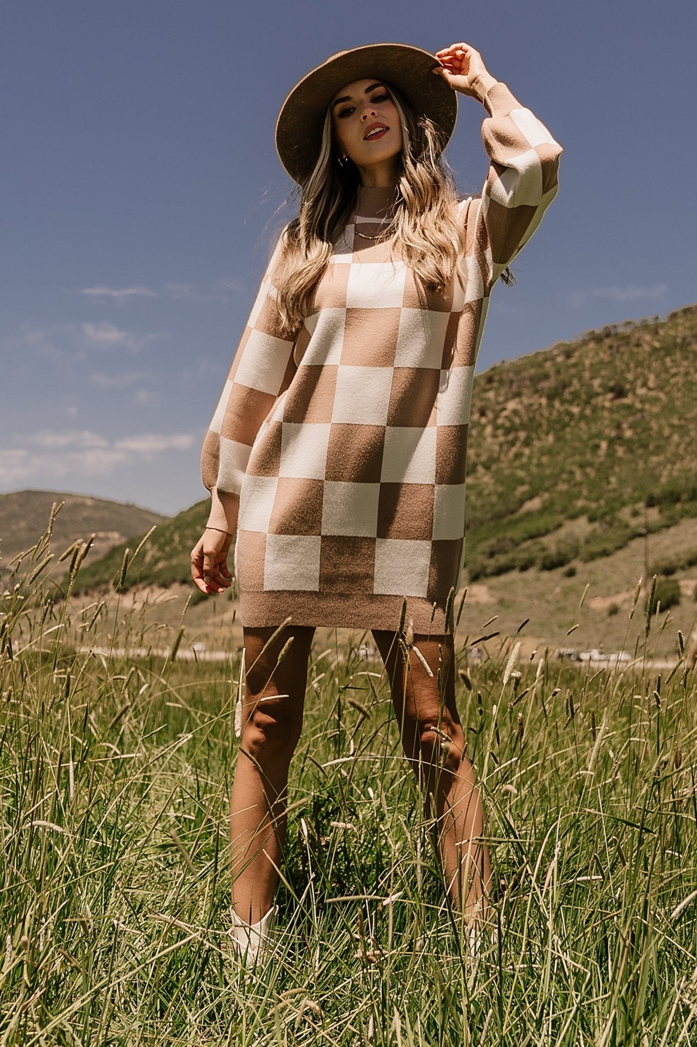 Mattie Checkered Sweater Dress | Taupe 2025 Online