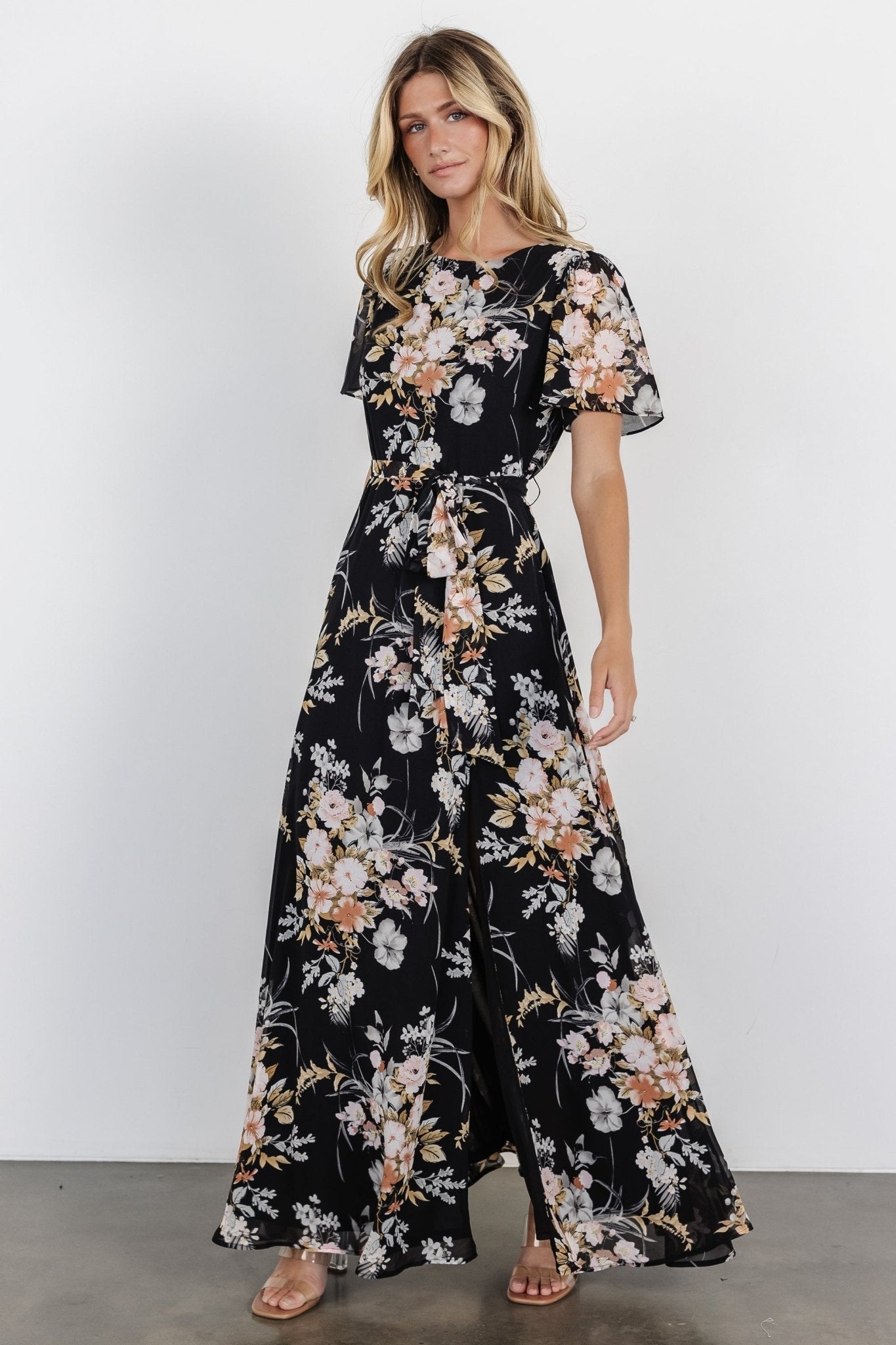 Naomi Short Sleeve Maxi Dress | Black Floral Store Sale Online