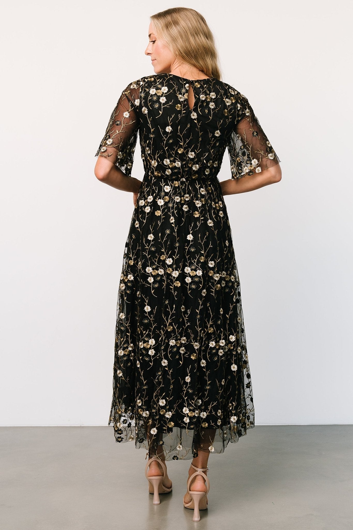 Arabella Embroidered Tulle Maxi Dress | Gold + Black Buy Cheap Hot Sale