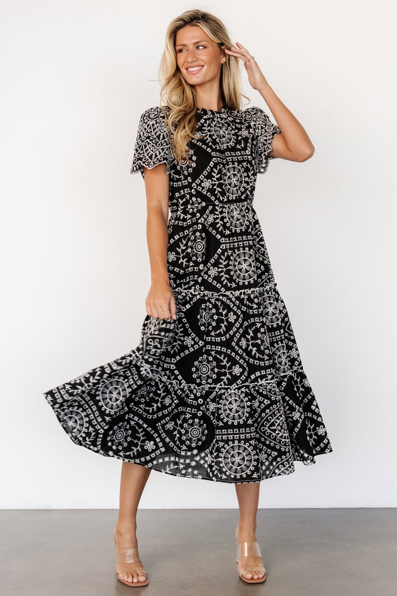 Mirabel Eyelet Midi Dress | Black + White Discount Looking For