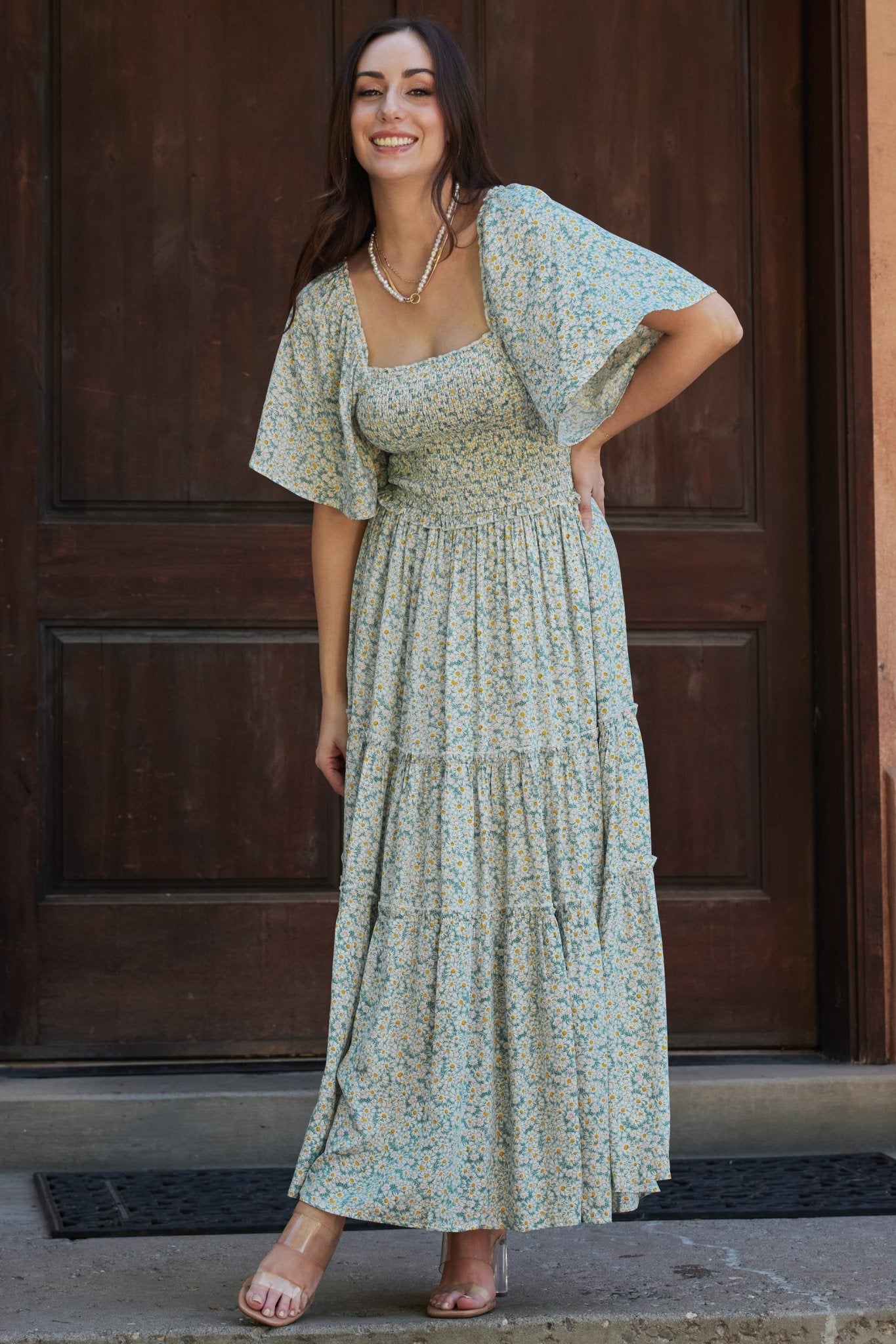 Regina Smocked Maxi Dress | Green Floral With Credit Card Cheap Pice