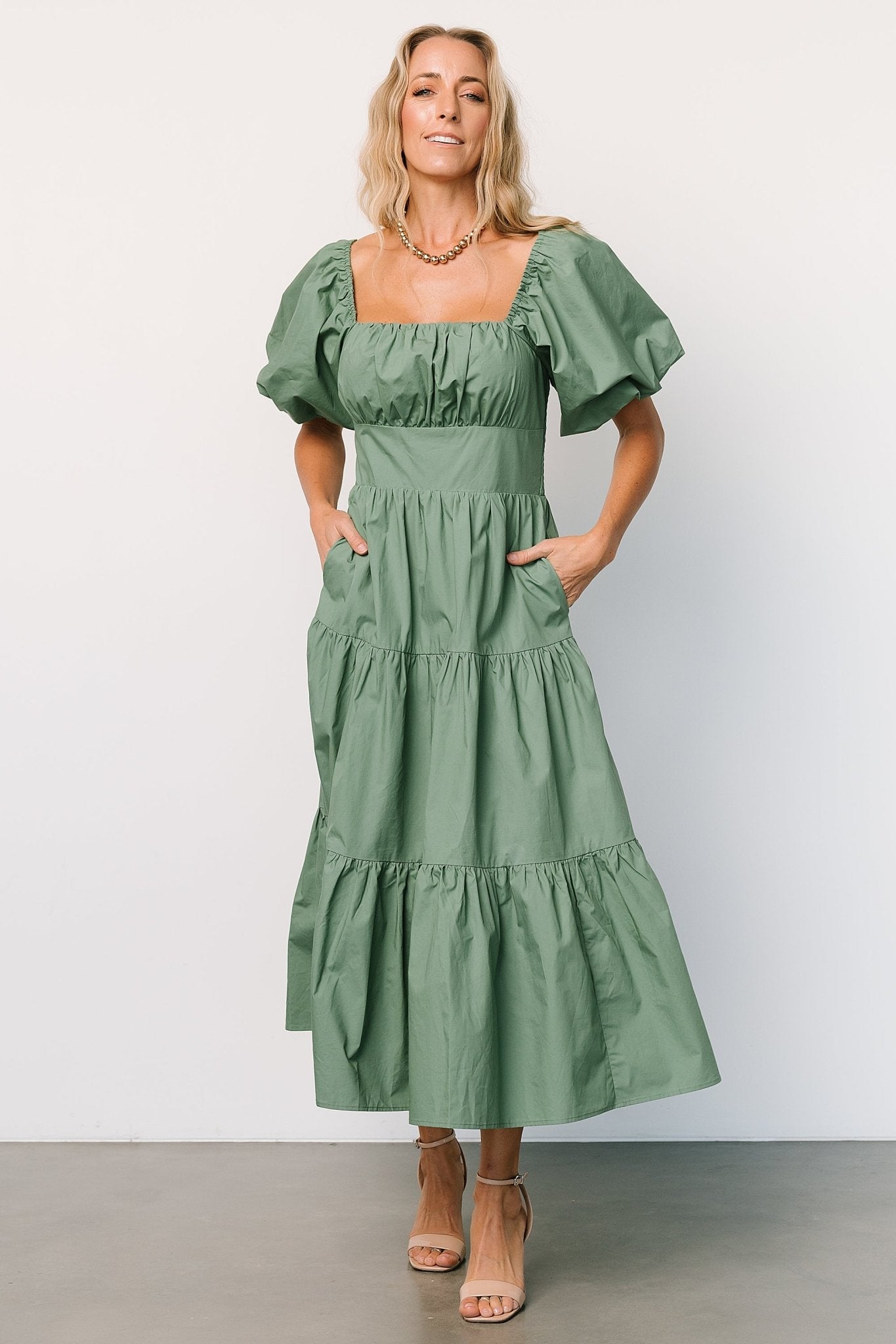 Cindy Puff Sleeve Tiered Dress | Dusty Green Genuine Cheap Pice