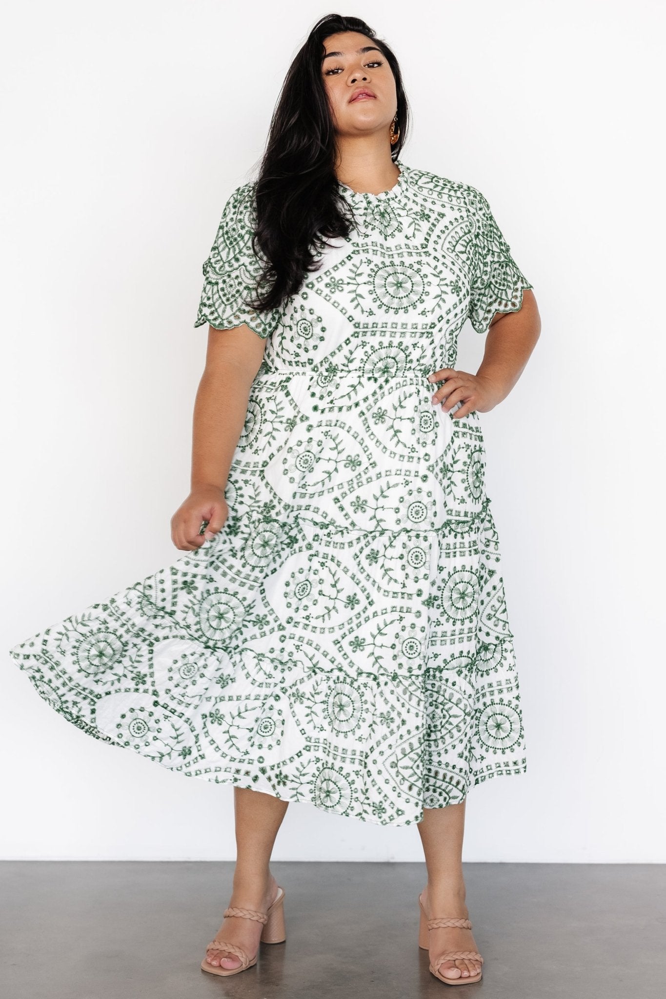 Mirabel Eyelet Midi Dress | White + Green Purchase Cheap Pice