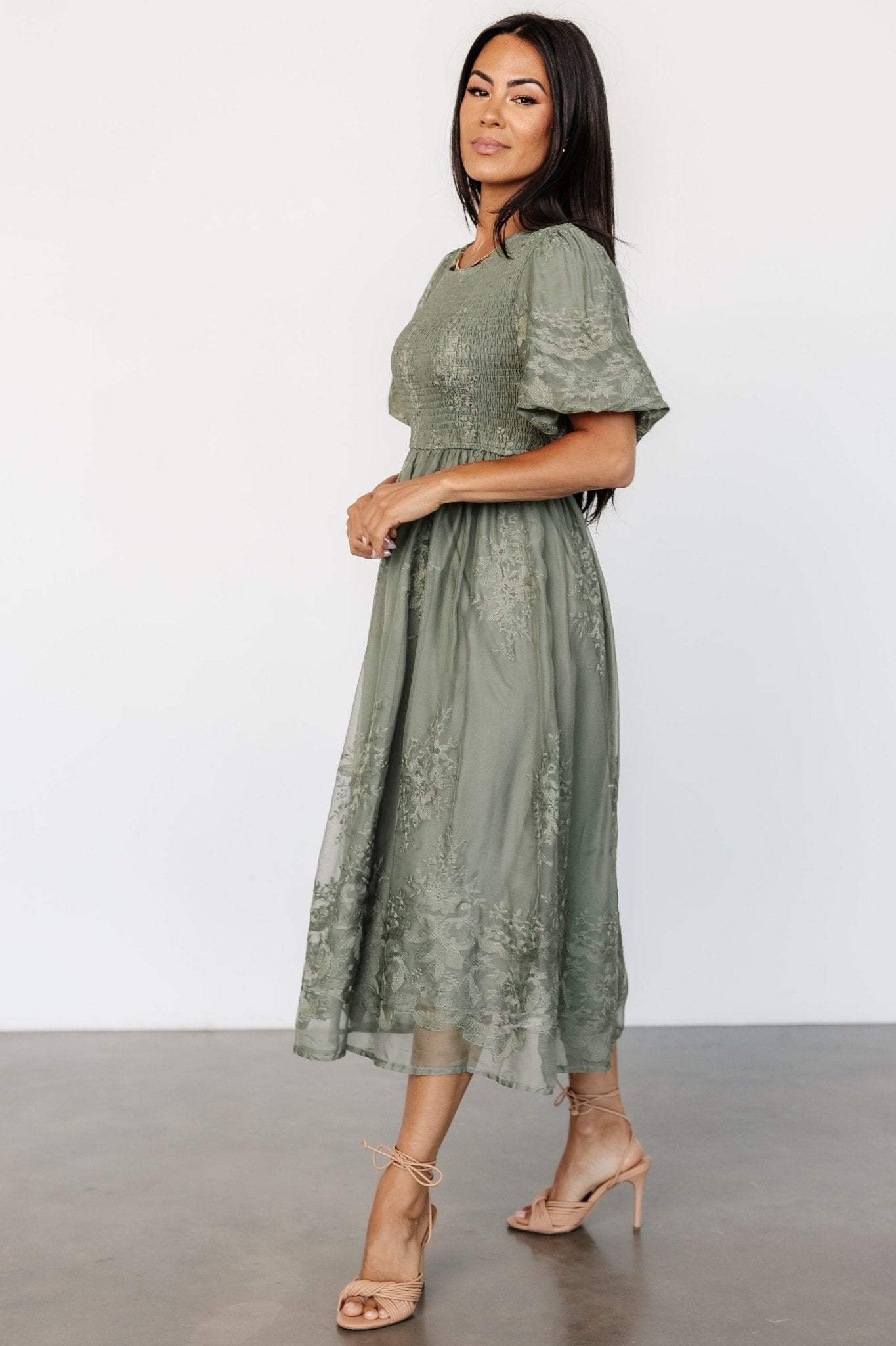 Corrine Embroidered Midi Dress | Deep Sage Outlet Deals