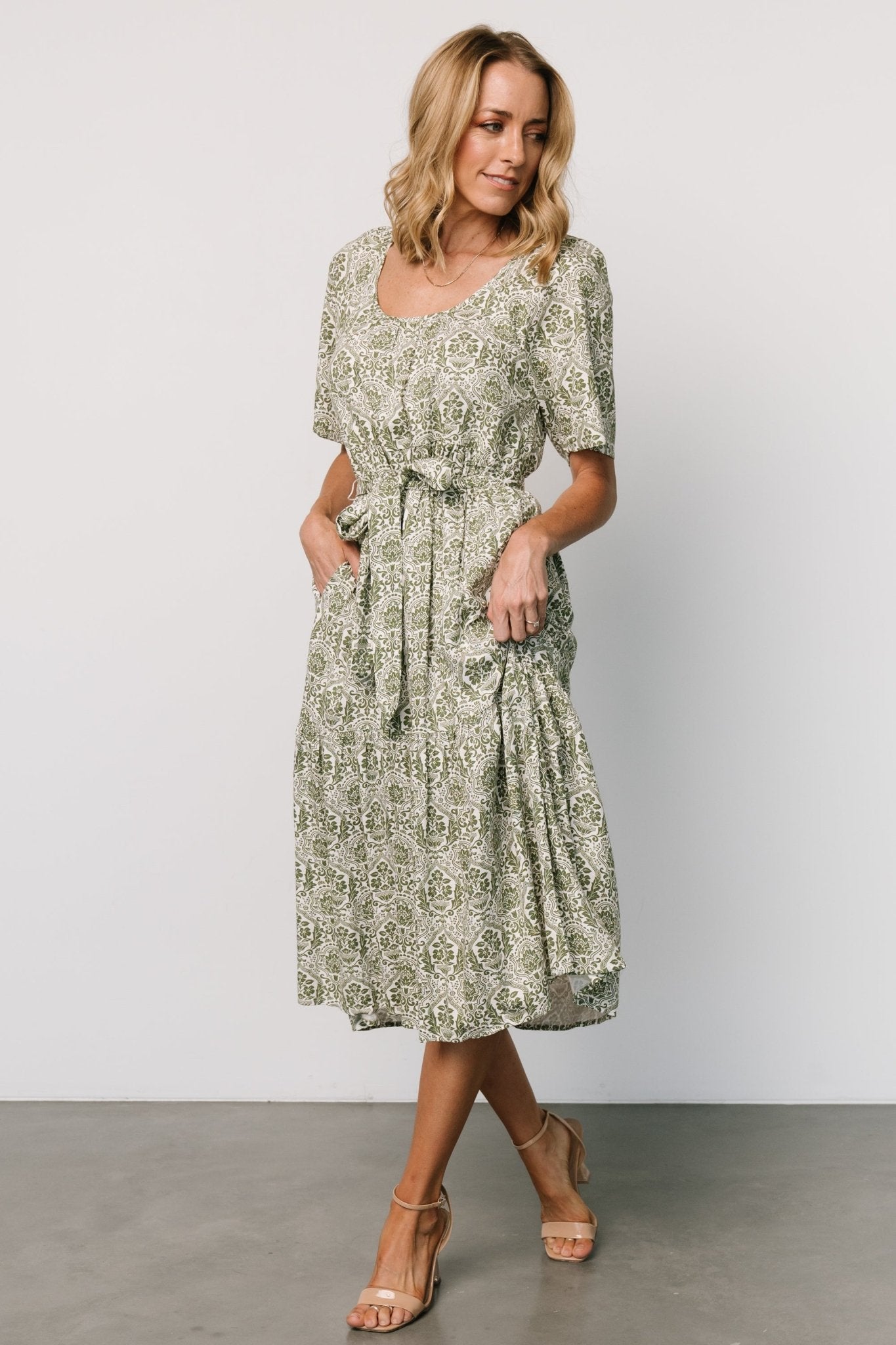 Lyla Midi Dress | White + Olive Print Free Shipping Fashion Style