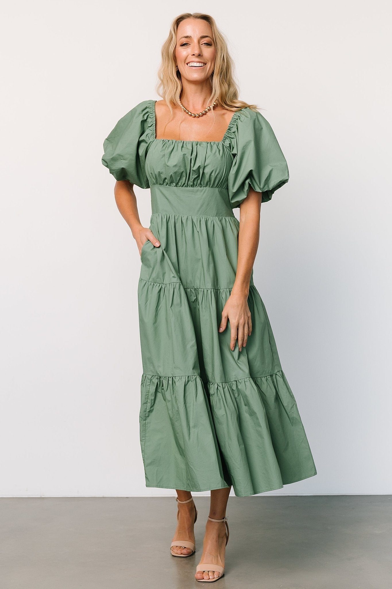 Cindy Puff Sleeve Tiered Dress | Dusty Green Genuine Cheap Pice