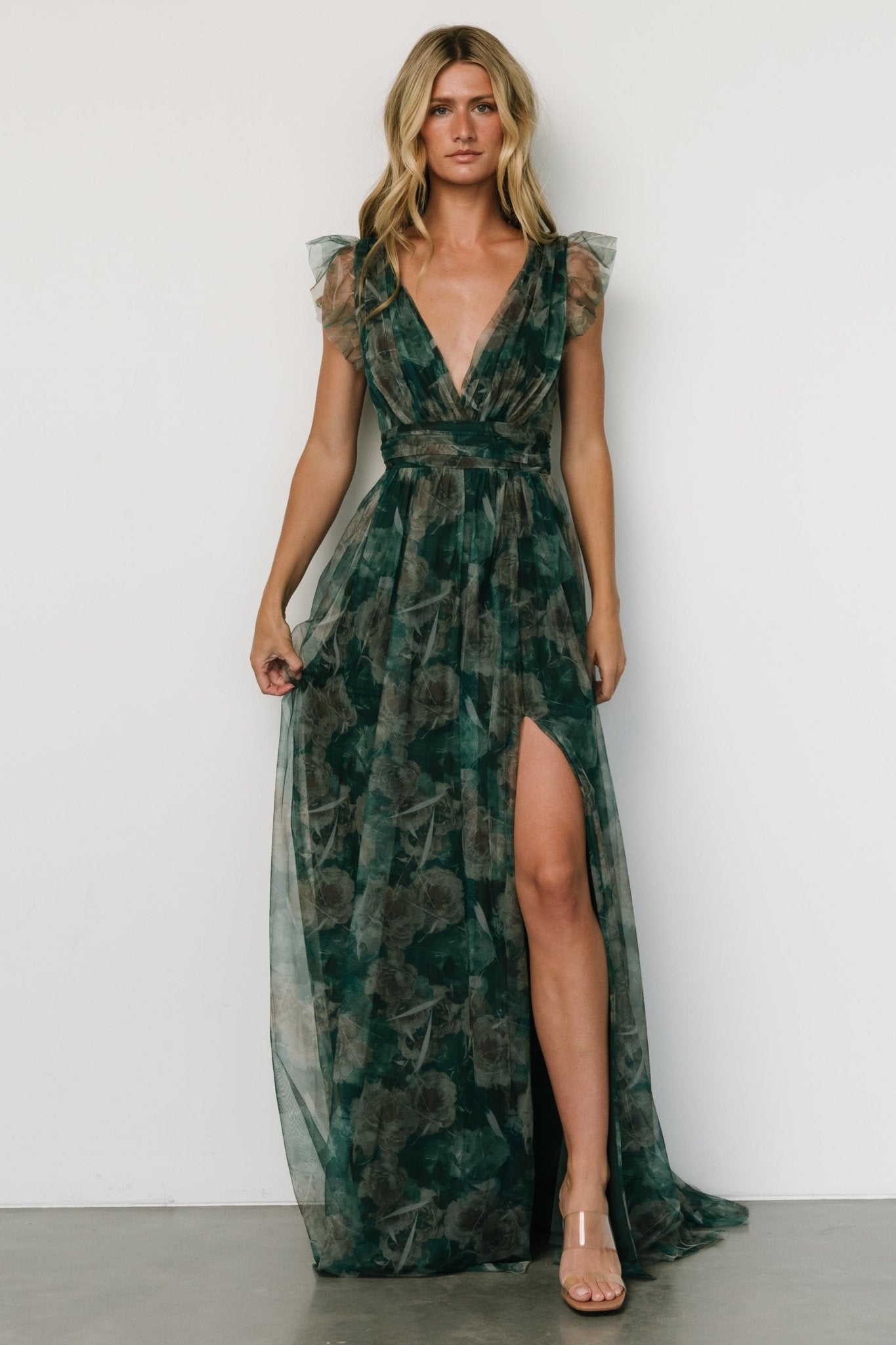 Carmine Maxi Dress | Green Floral Low Pice Fee Shipping