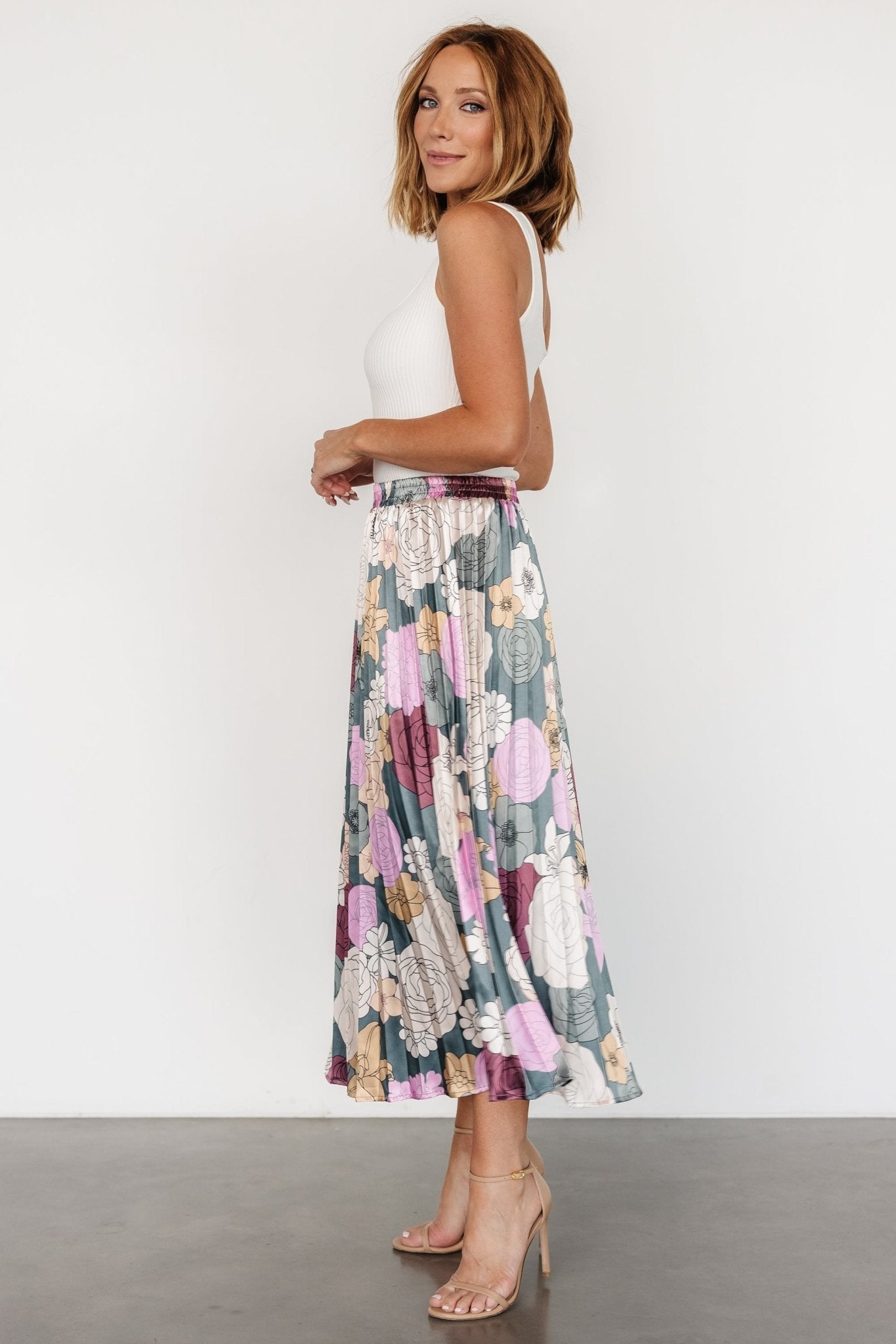 Cori Pleated Skirt | Vintage Teal Floral Outlet Best Seller