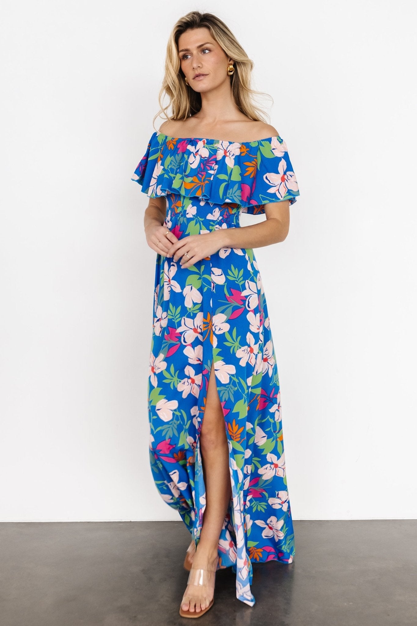 Talia Off Shoulder Maxi Dress | Blue Floral Clearance Newest