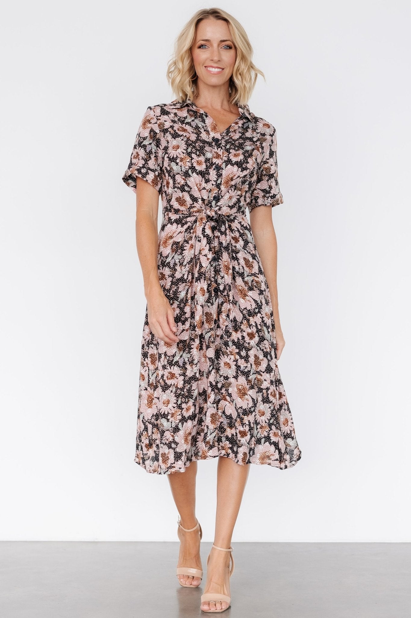 Feya Button Midi Dress | Black + Mauve Floral Free Shipping Manchester Great Sale