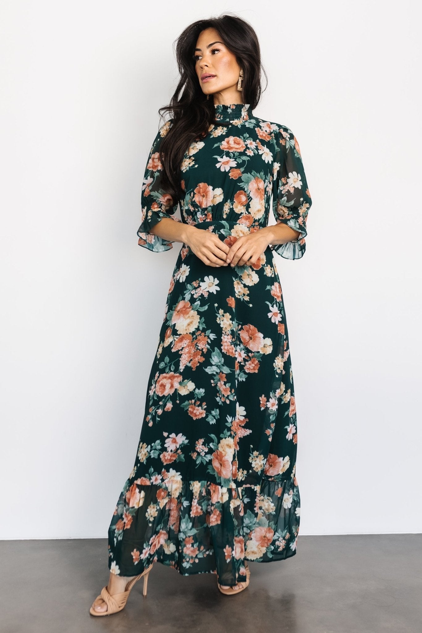 Marie Mock Neck Maxi Dress | Dark Green Floral Cheap Wholesale