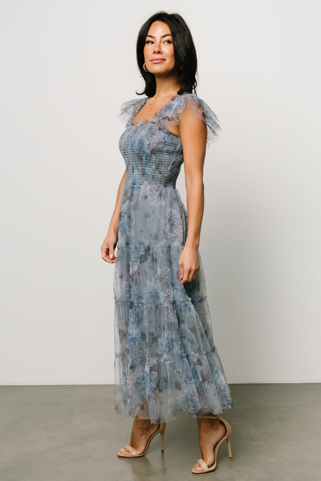 Clementine Tulle Midi Dress | Dusty Blue Floral Clearance With Mastercard