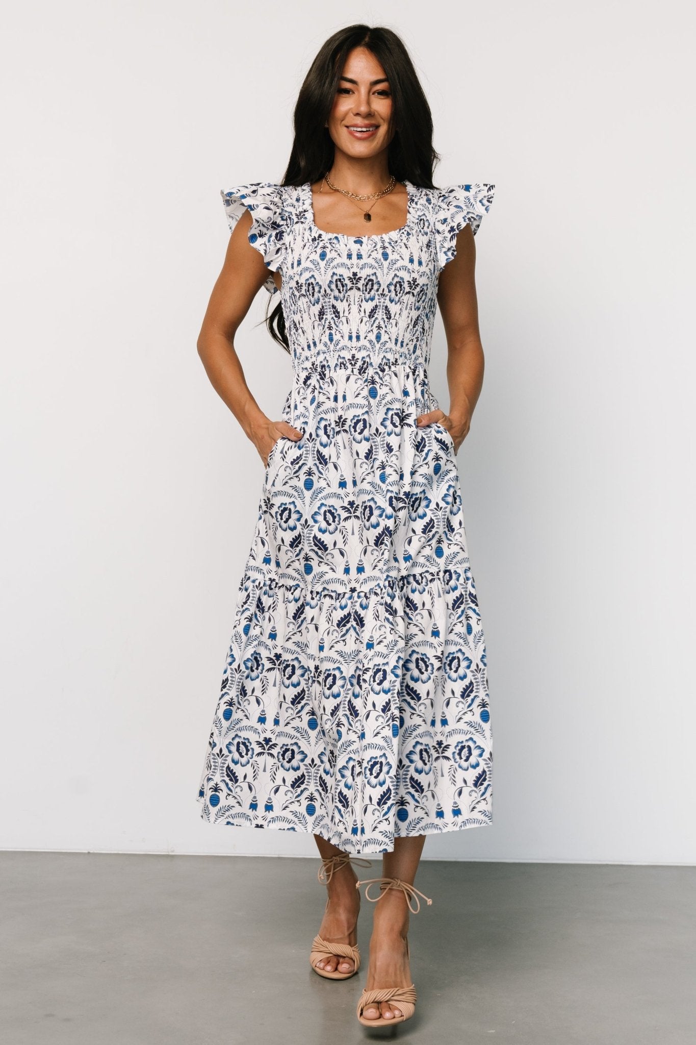 Rhodes Smocked Dress | White + Blue Print Tumblr Sale Online