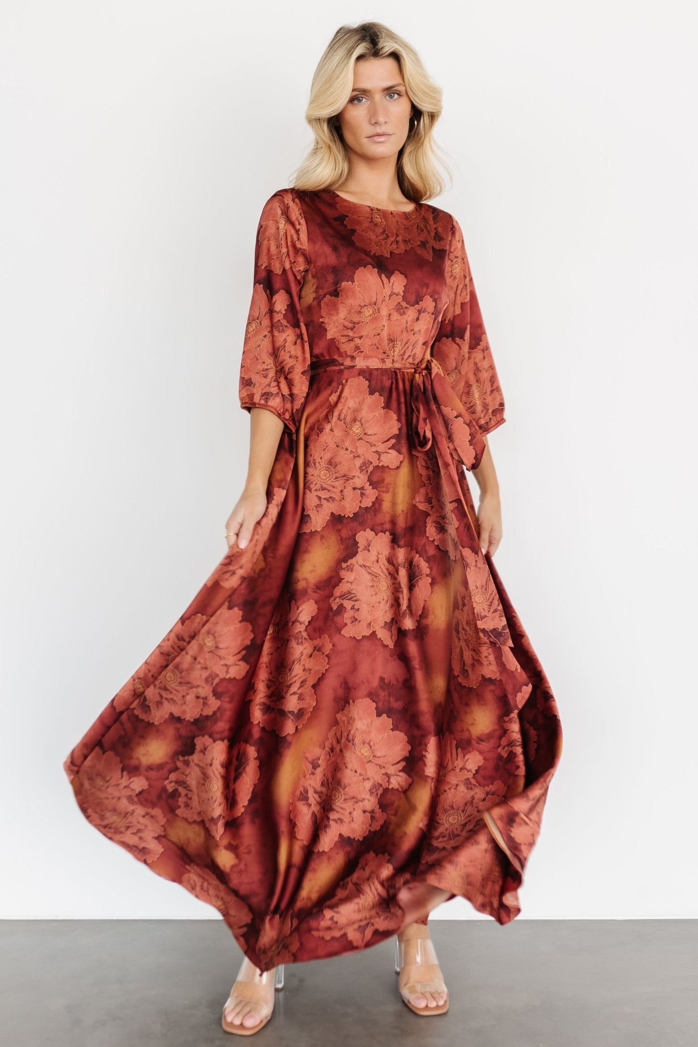 Paula Satin Maxi Dress | Terracotta Floral Outlet Affordable