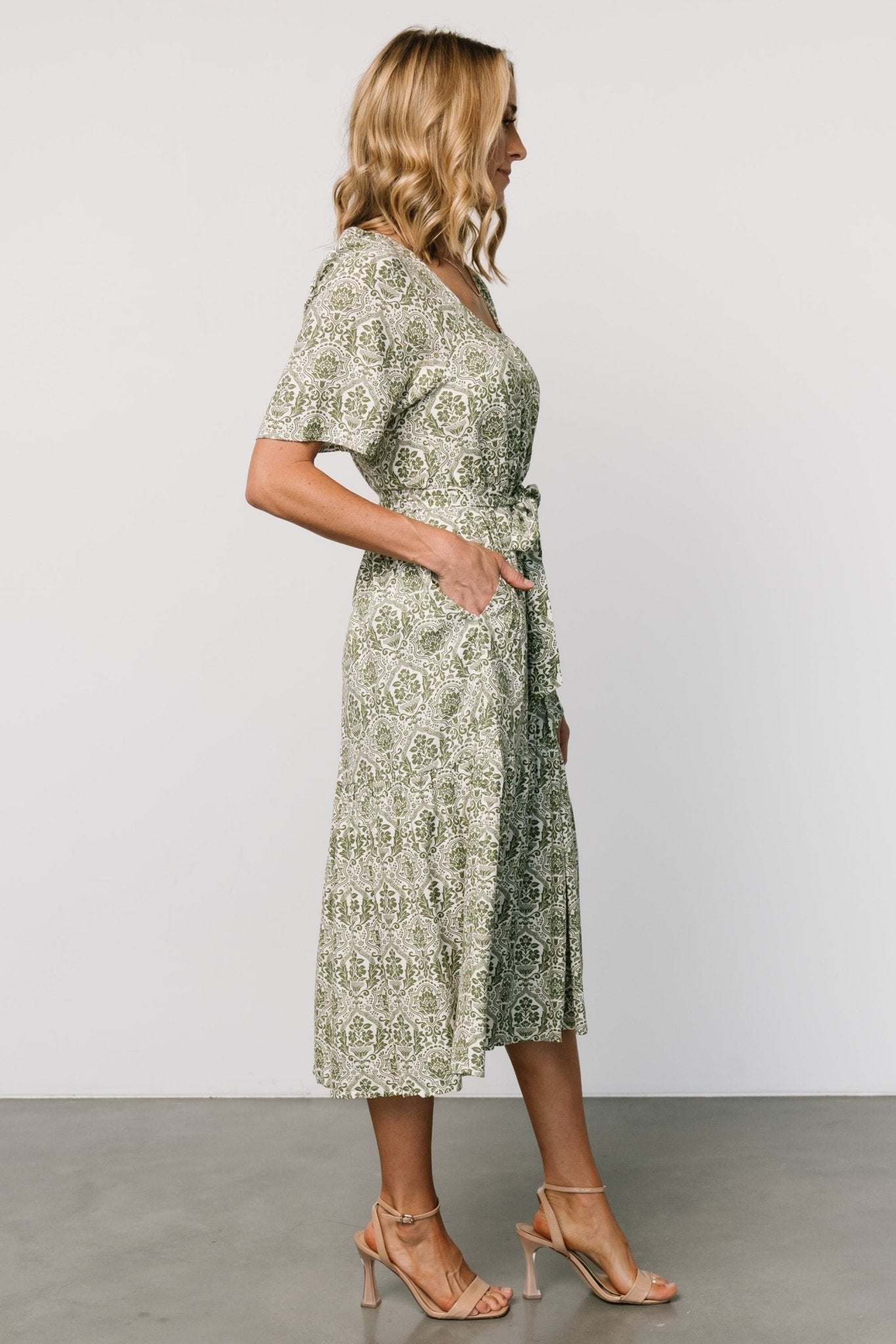 Lyla Midi Dress | White + Olive Print Free Shipping Fashion Style