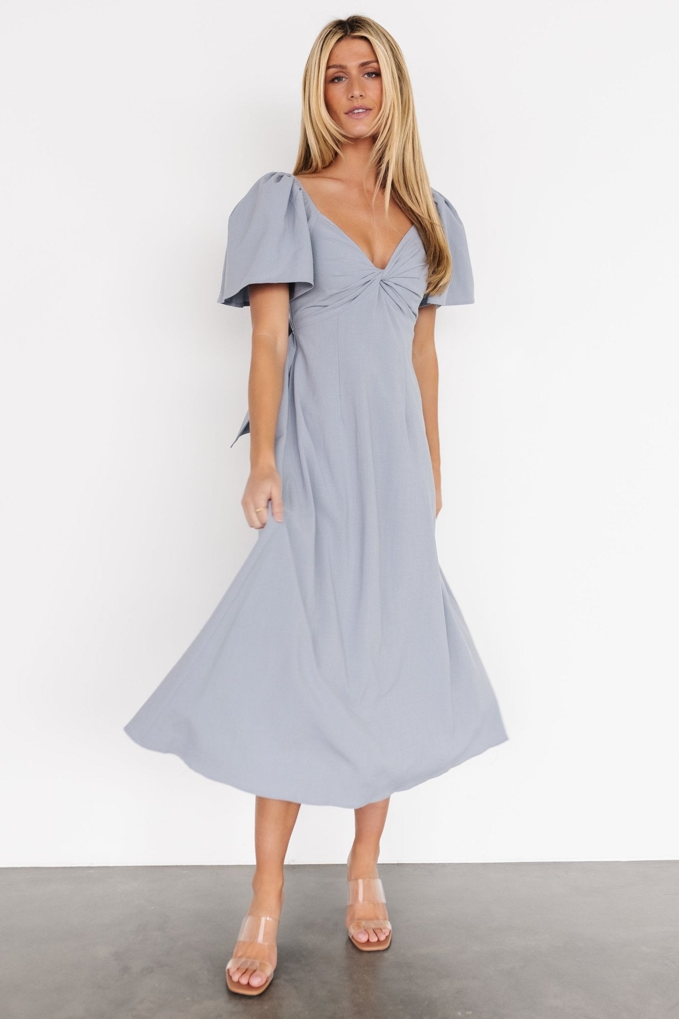 Indie Back Tie Dress | Dusty Blue Cheap Online Store Manchester