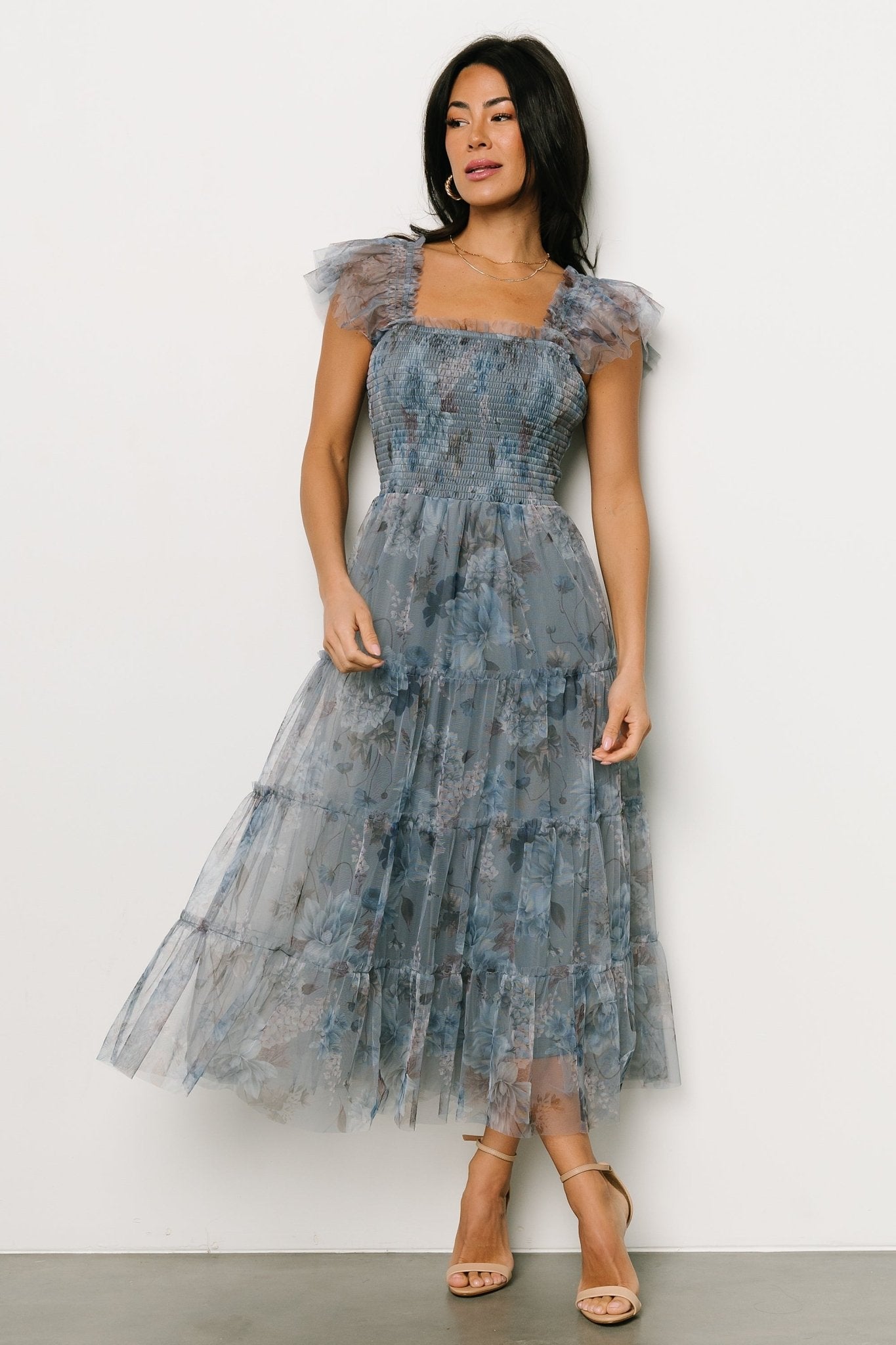 Clementine Tulle Midi Dress | Dusty Blue Floral Clearance With Mastercard