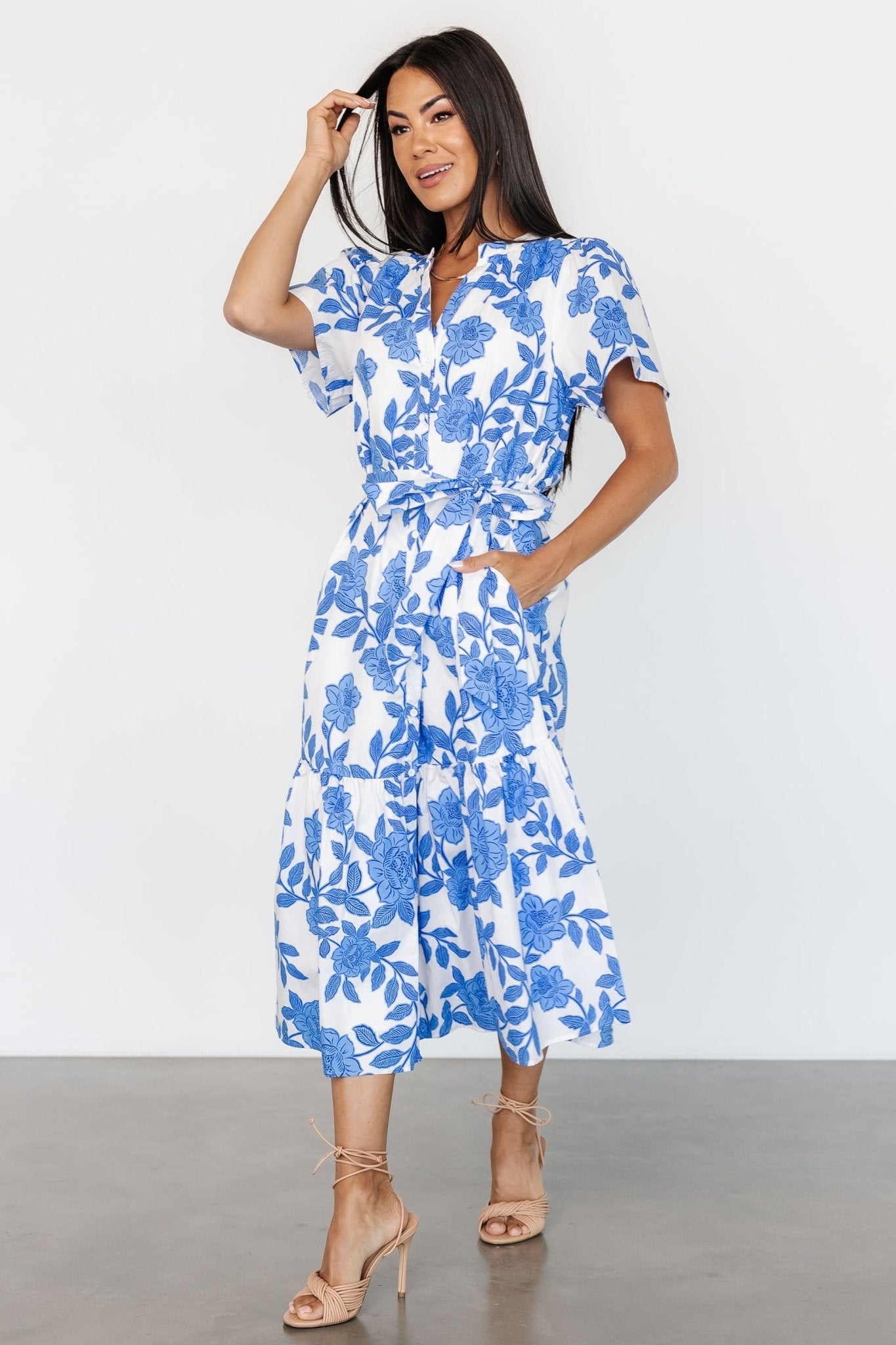 Lydie Button Midi Dress | White + Blue 2025 Sale Online