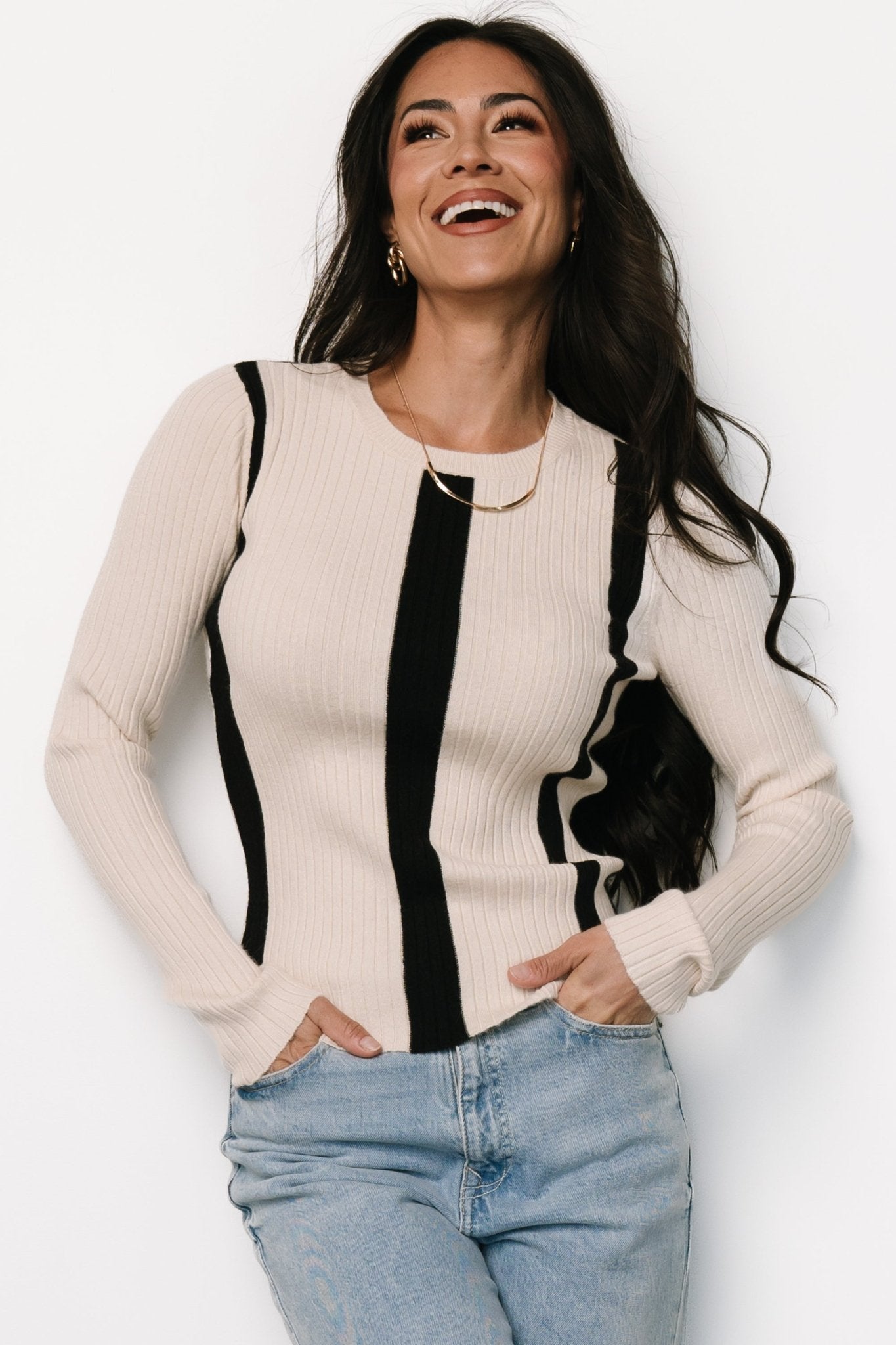 Jolene Ribbed Sweater Top | Natural + Black Stripe Sale Exclusive