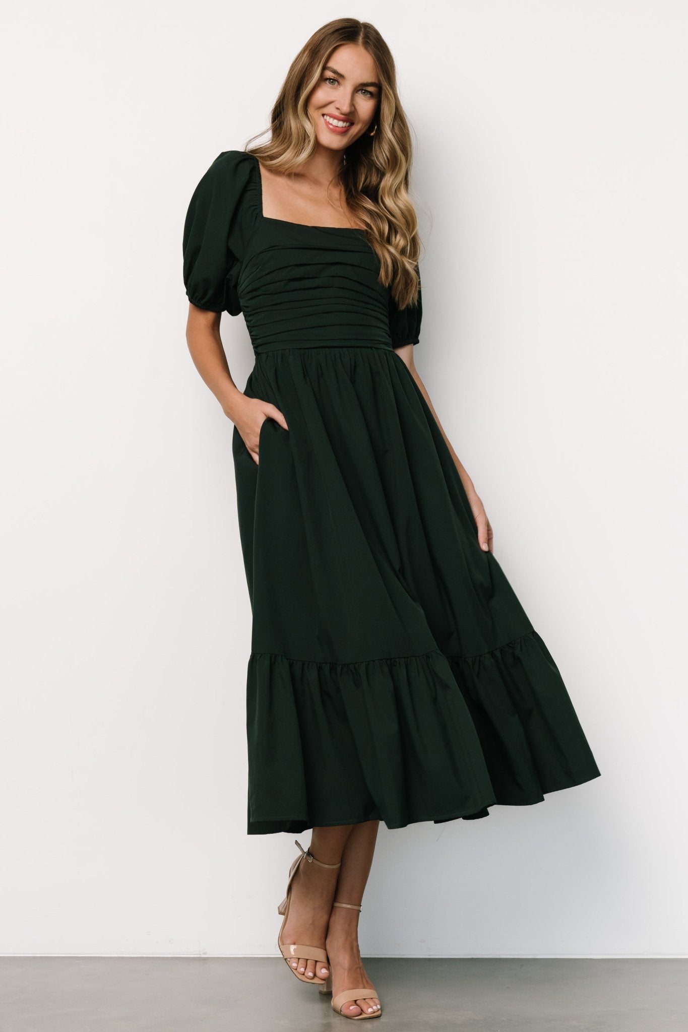 Andrea Pleated Midi Dress | Forest Green Outlet Get To Buy