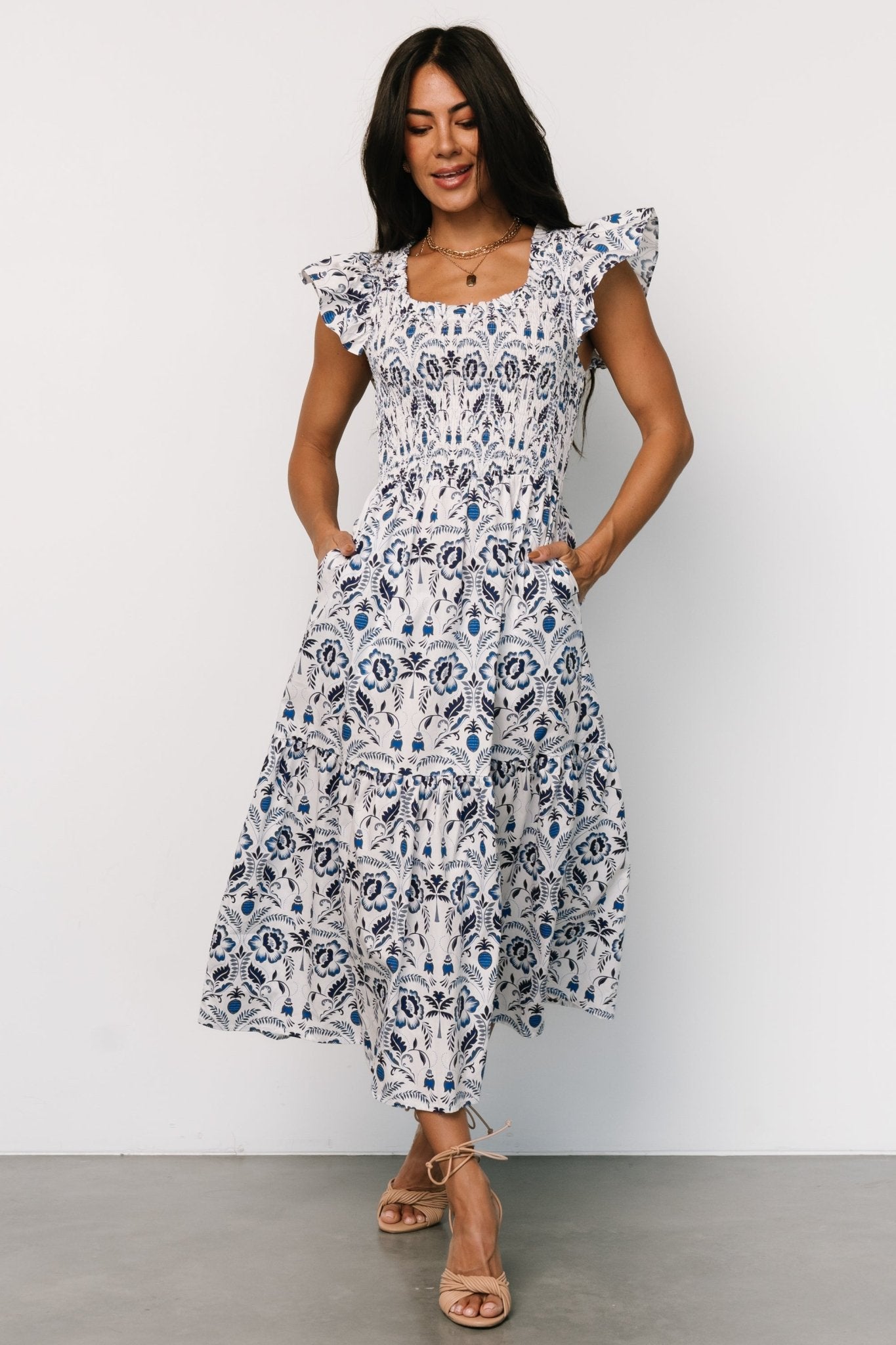 Rhodes Smocked Dress | White + Blue Print Tumblr Sale Online