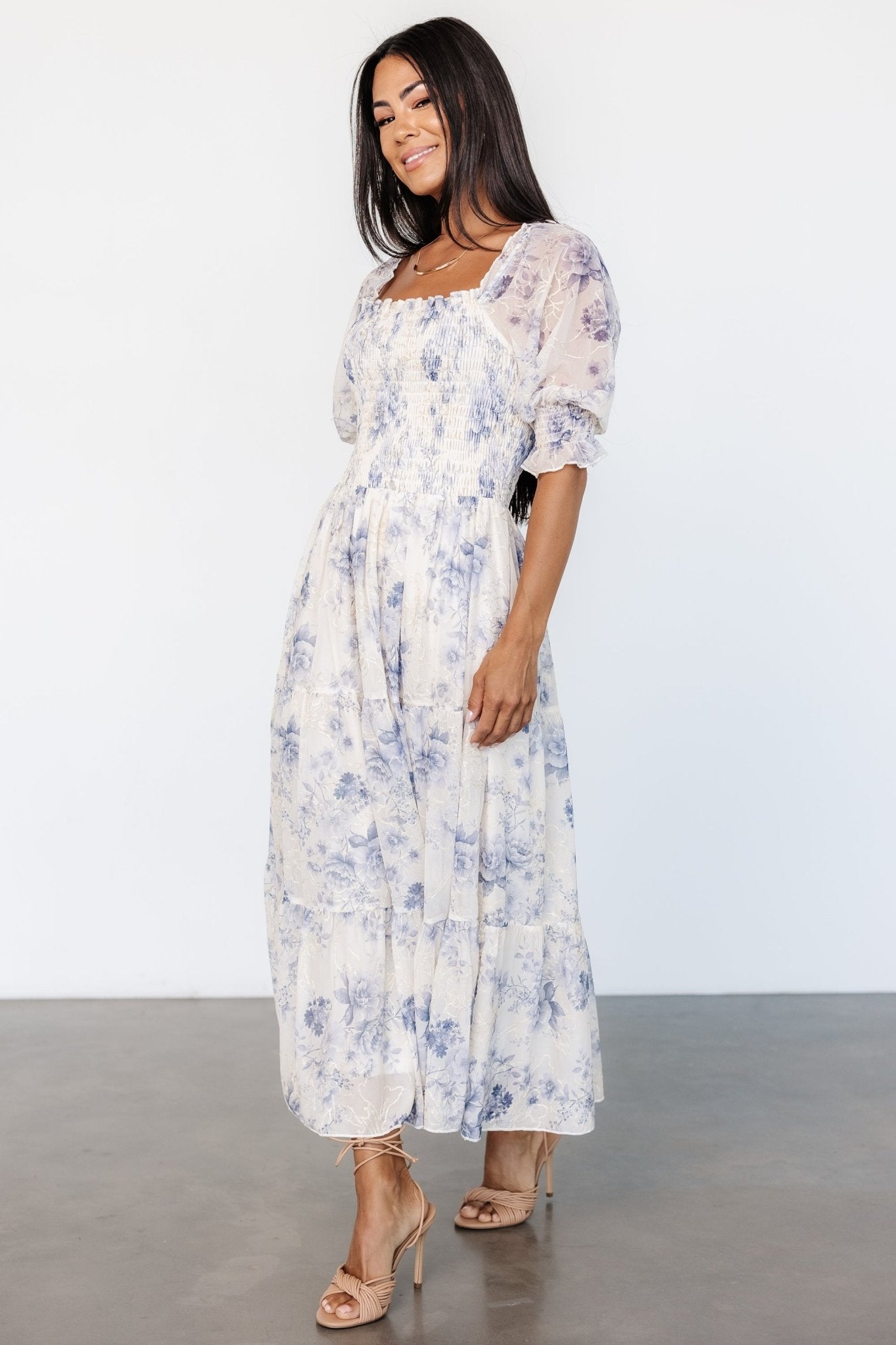 Fabian Jacquard Midi Dress | Cream + Blue Floral Buy Cheap Pice