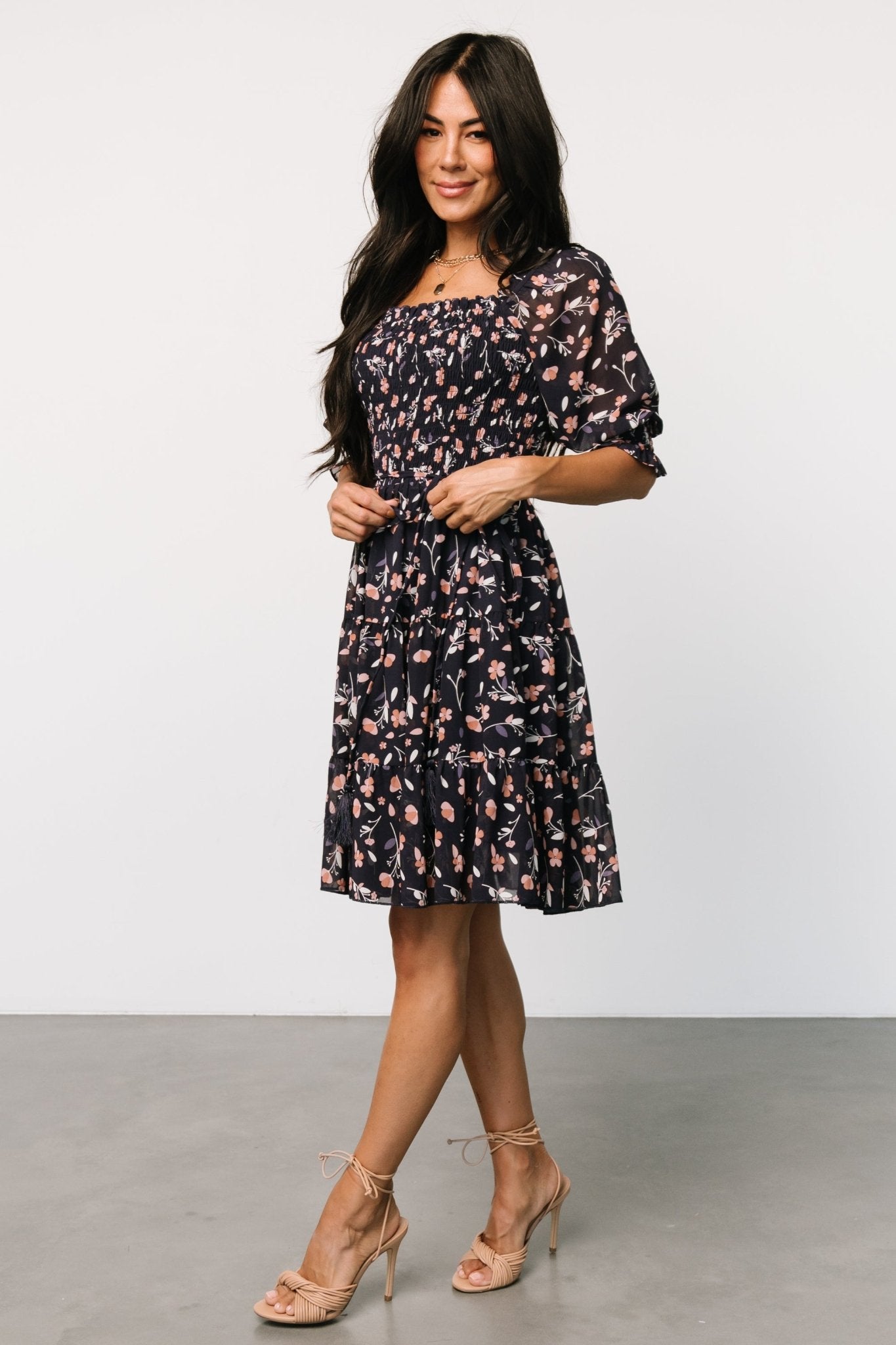 Azlyn Smocked Short Dress | Navy + Pink Floral Get To Buy Sale Online