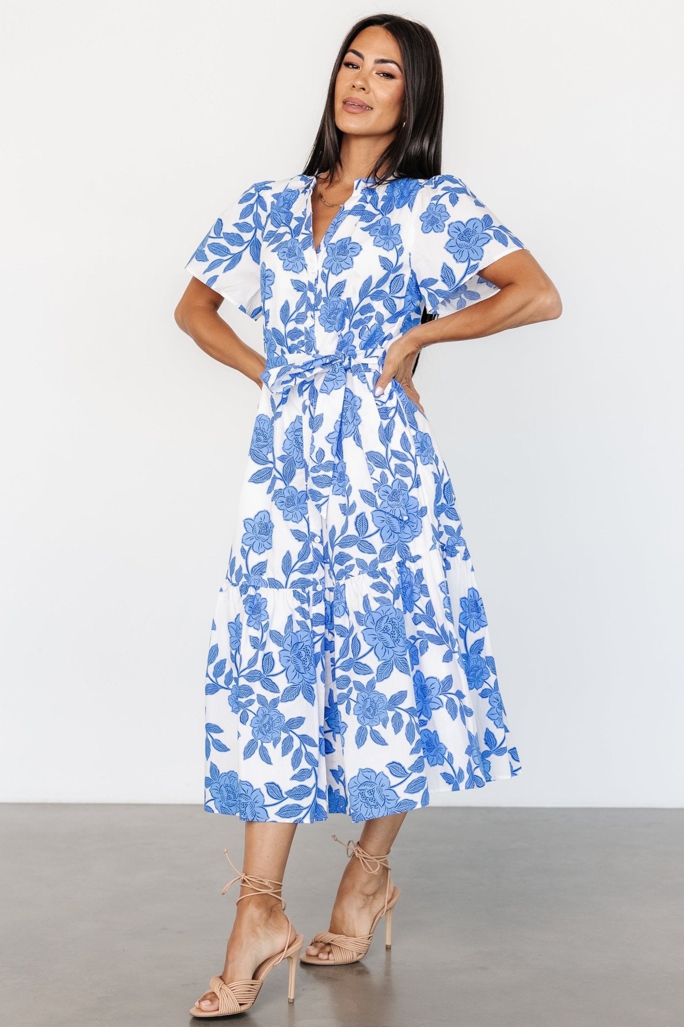 Lydie Button Midi Dress | White + Blue 2025 Sale Online