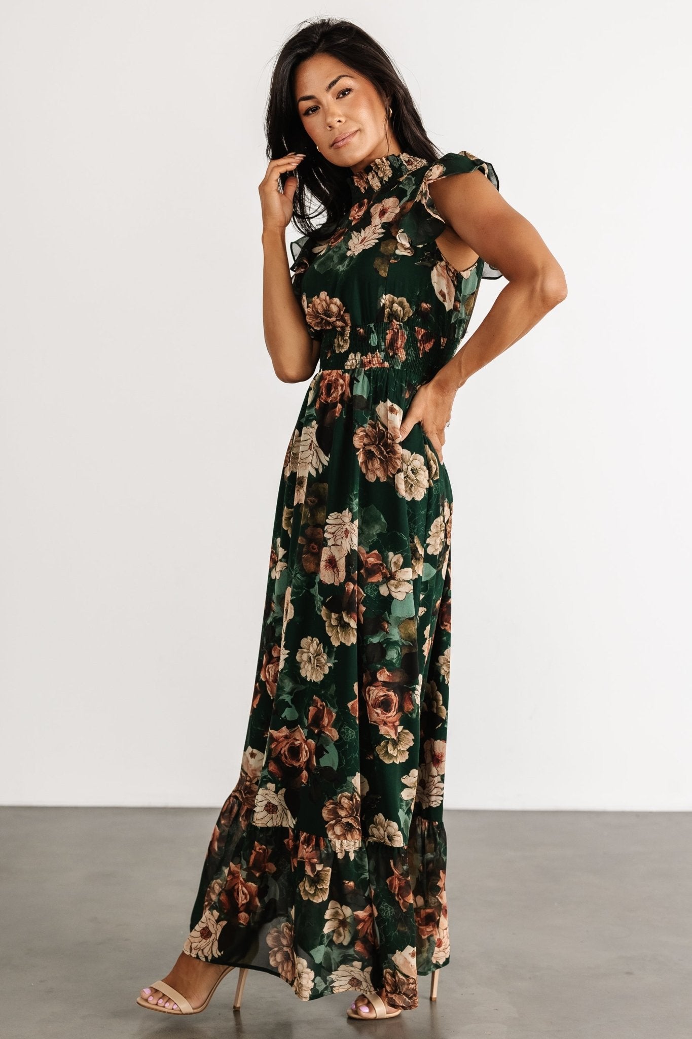 Kearny Ruffle Maxi Dress | Dark Green Floral Discount Order