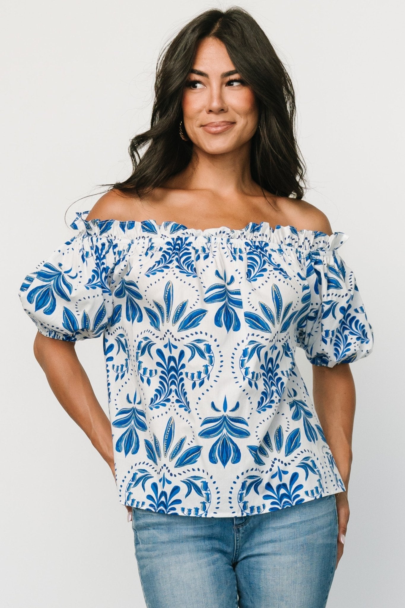 Santorini Off Shoulder Top | White + Blue Explore