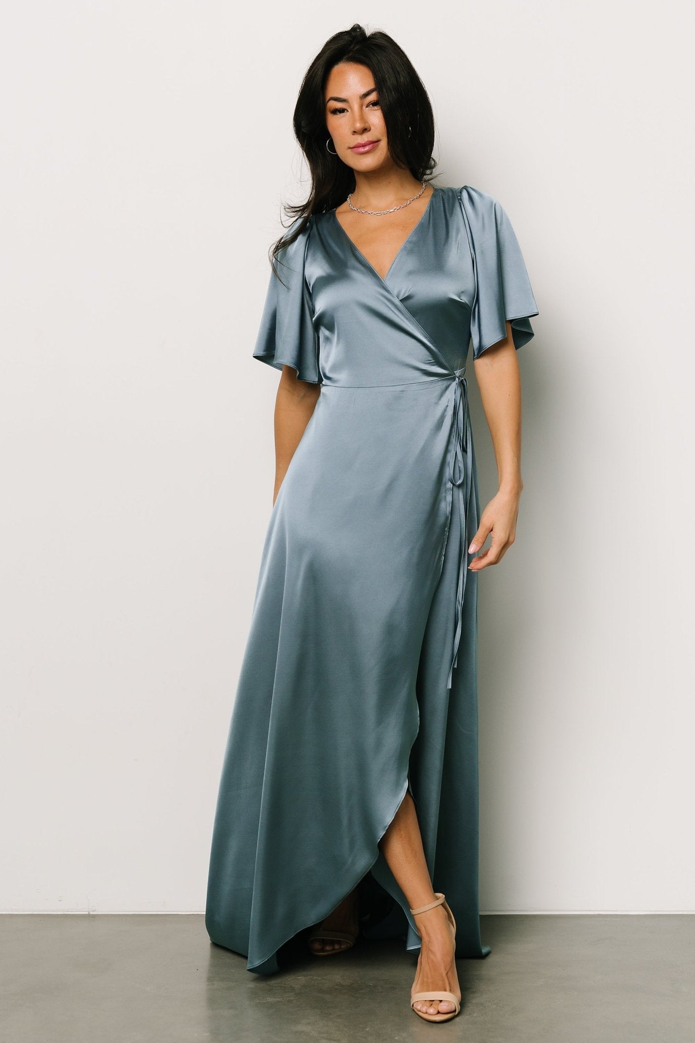 Vara Satin Maxi Wrap Dress | Dusty Blue Deals Cheap Pice