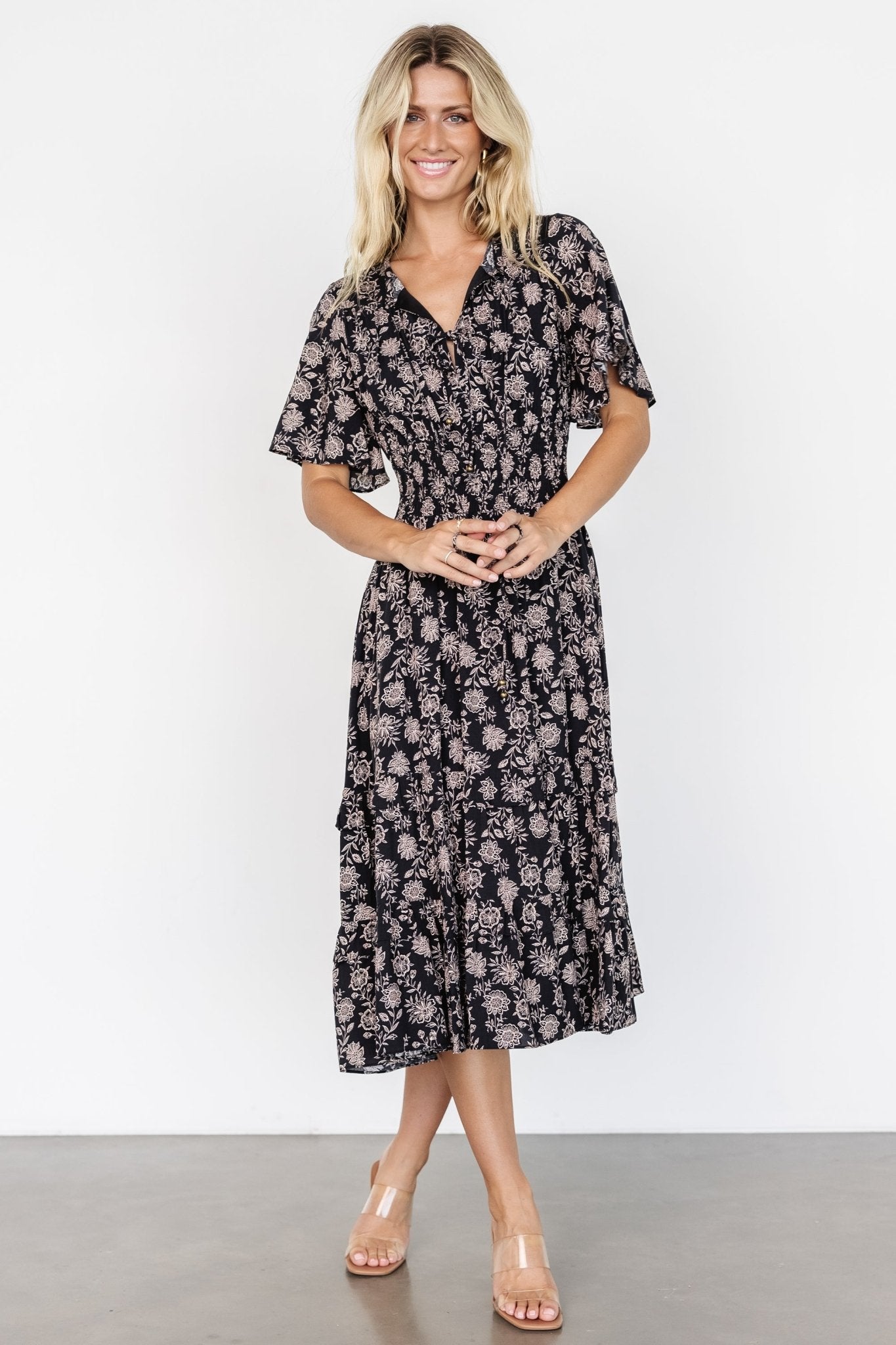 Spell Boho Midi Dress | Black + Taupe Floral Buy Cheap Countdown Package