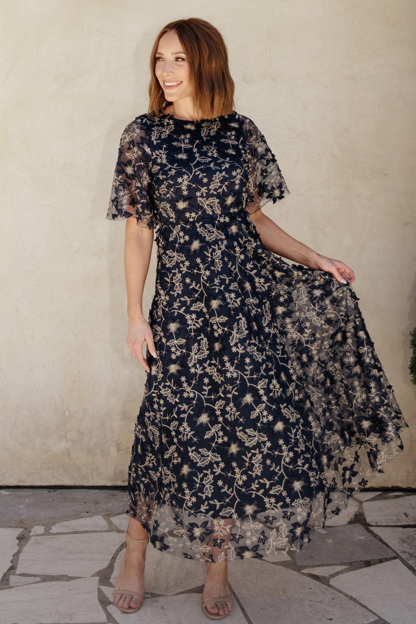 Arabella Embroidered Tulle Maxi Dress | Navy + Gold Free Shipping Browse