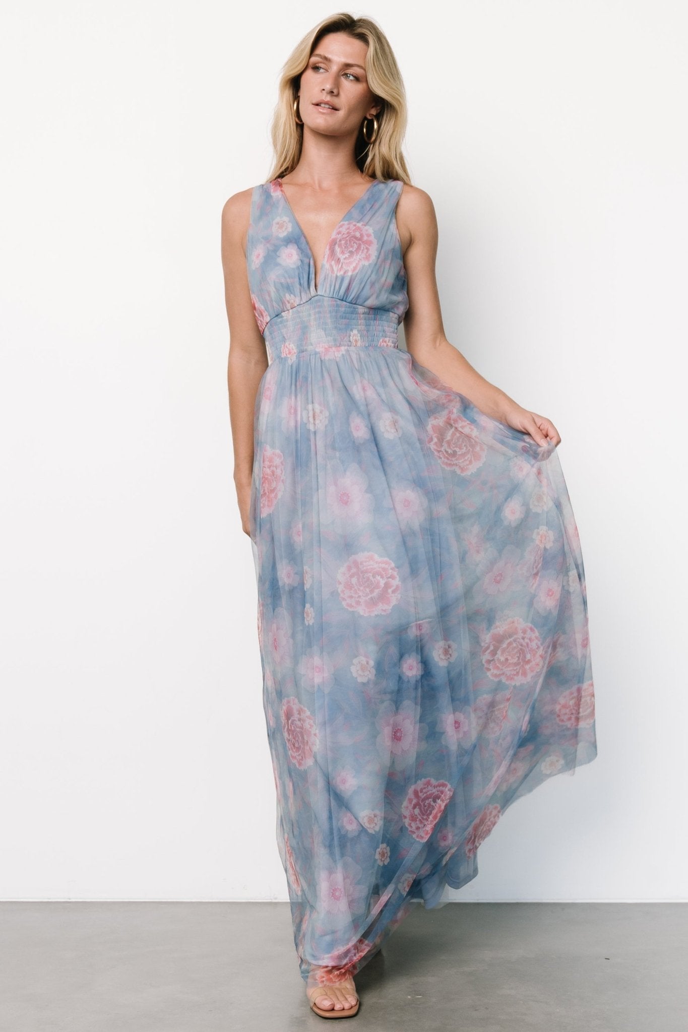 Kamila Tulle Maxi Dress | Light Blue + Pink Floral Buy Cheap Best Wholesale