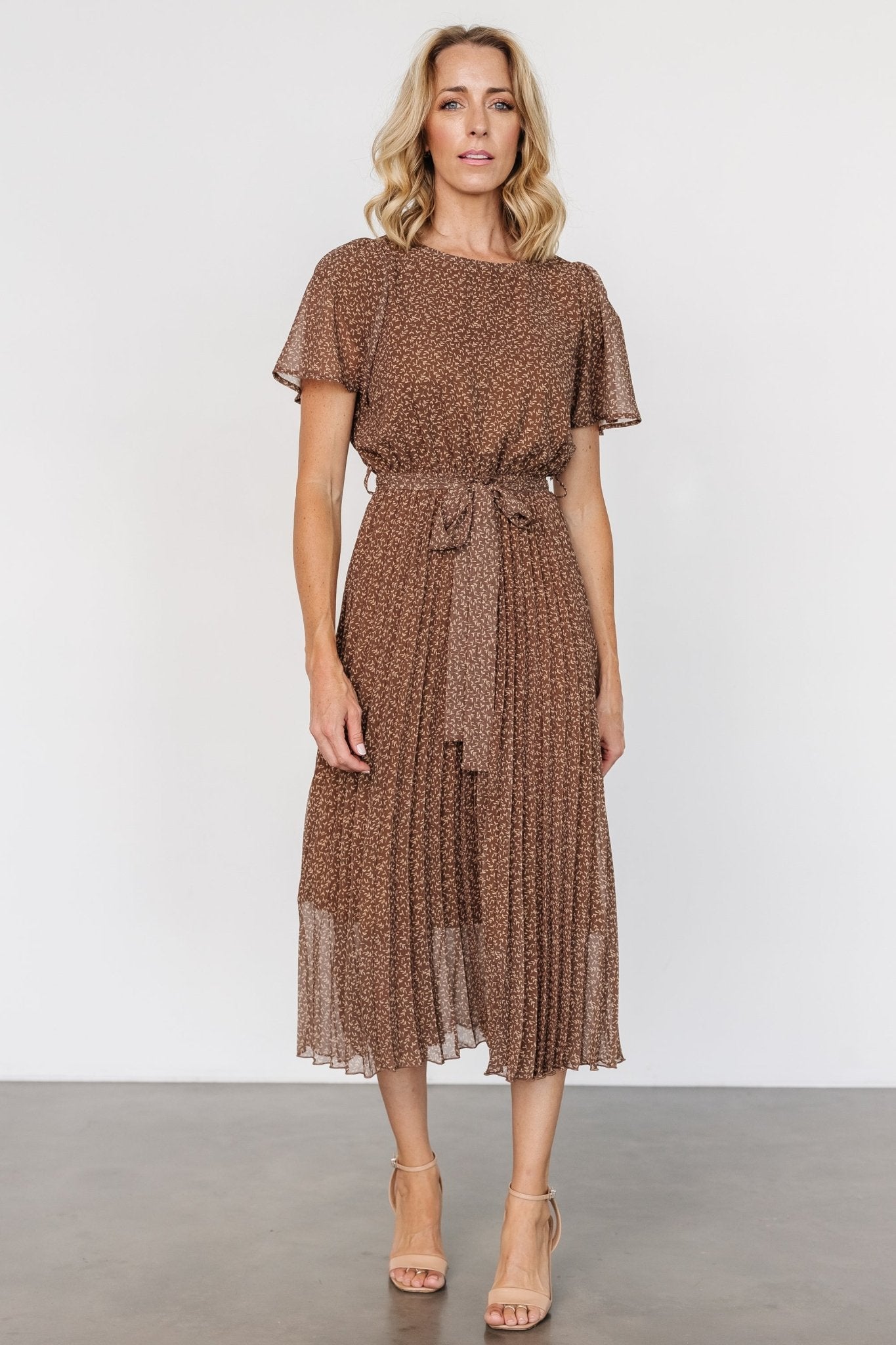 Prim Pleated Dress | Dusty Brown Print Extremely For Sale