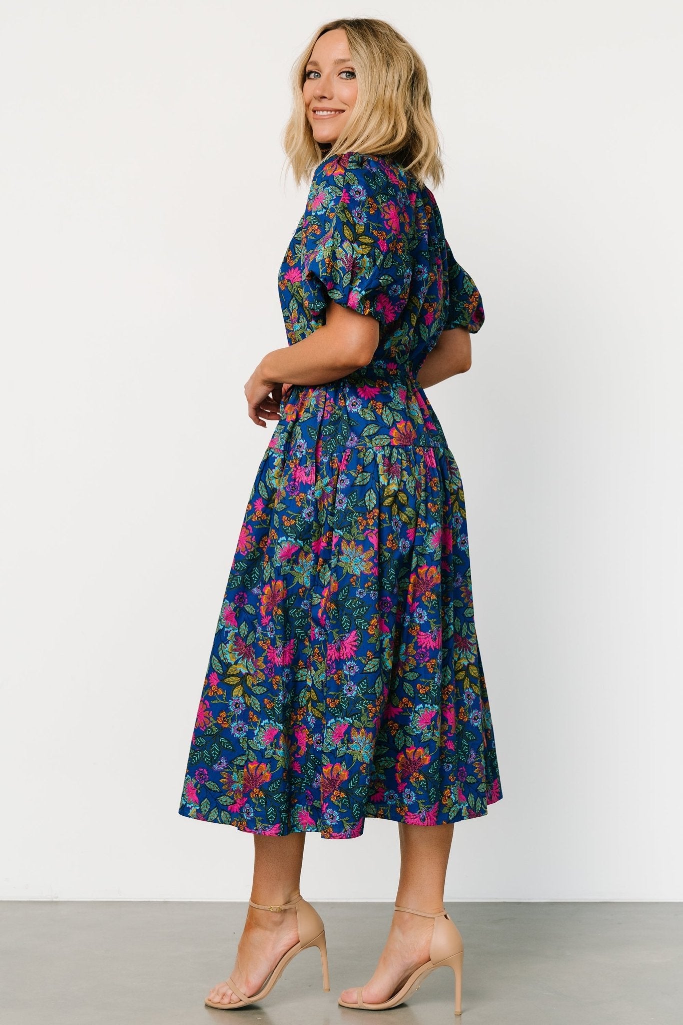 Karol Puff Sleeve Midi Dress | Blue Multi Cheap New Arrival