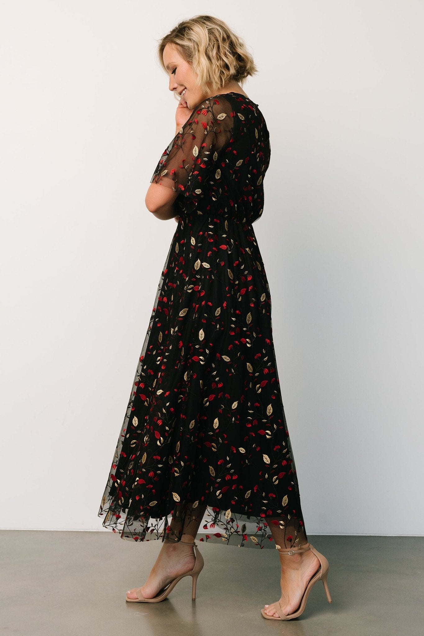 Arabella Embroidered Tulle Maxi Dress | Black + Red Pices For Sale