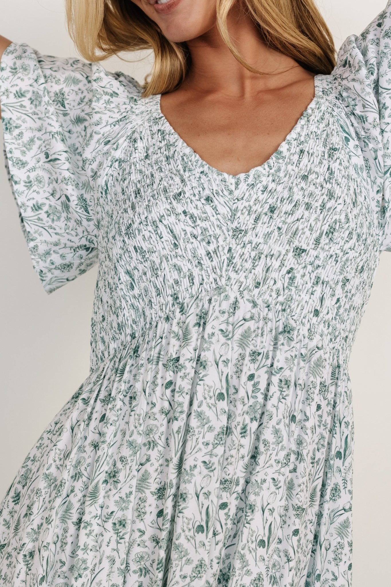 Joanie Smocked Dress | White + Sage Low Pice For Sale