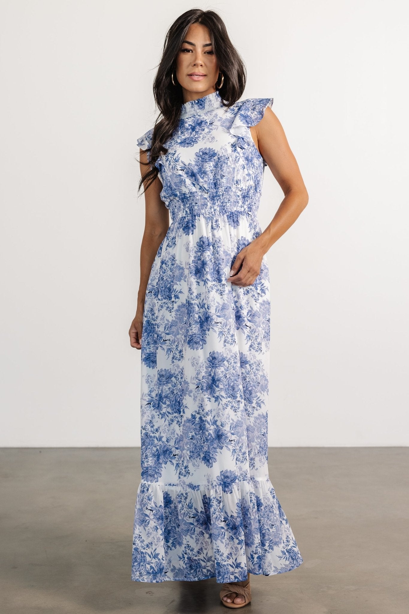 Kearny Ruffle Maxi Dress | White + Blue Floral Buy Cheap Footlocker Pictures